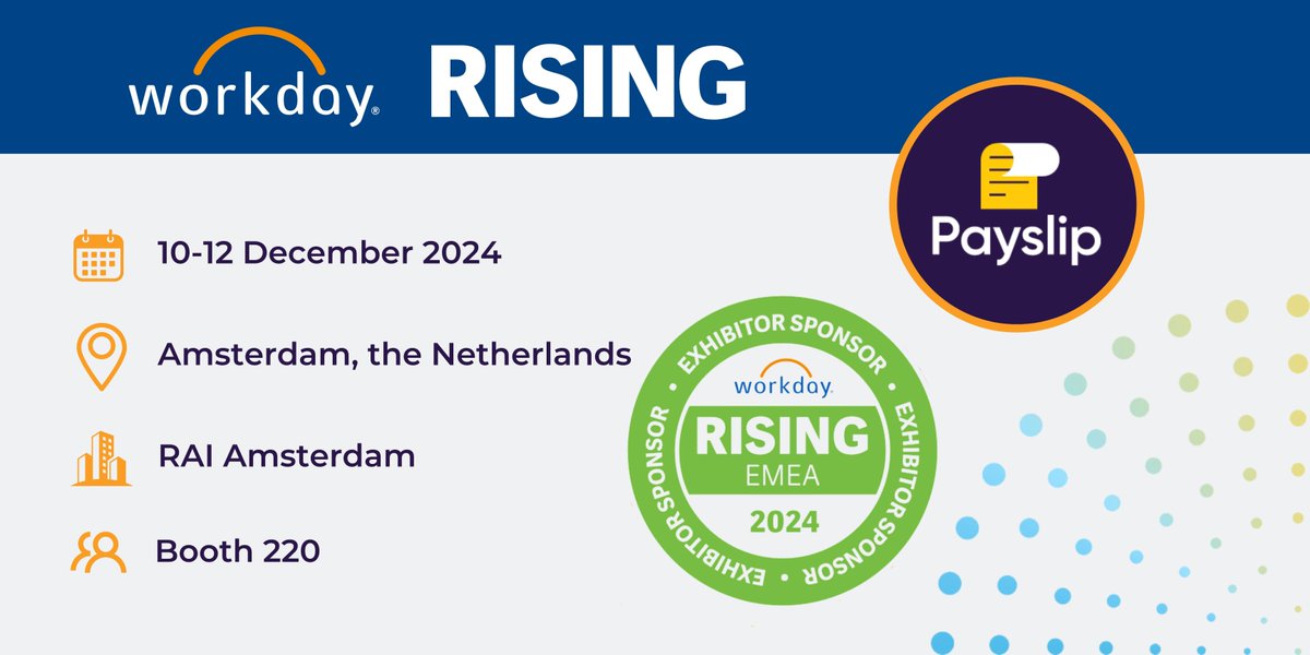 PayslipGlobal's tweet photo. π Ready to elevate your payroll?
Payslip is showcasing @Workdayβs Global Payroll Connect at #WDAYRisingEMEA in Amsterdam! Visit booth #220 to see how we connect with any payroll vendor for accurate data flow, real-time insights, and efficiency. πΌ #WorkdayPartners #GlobalPayroll https://t.co/K4mO35Nbd3