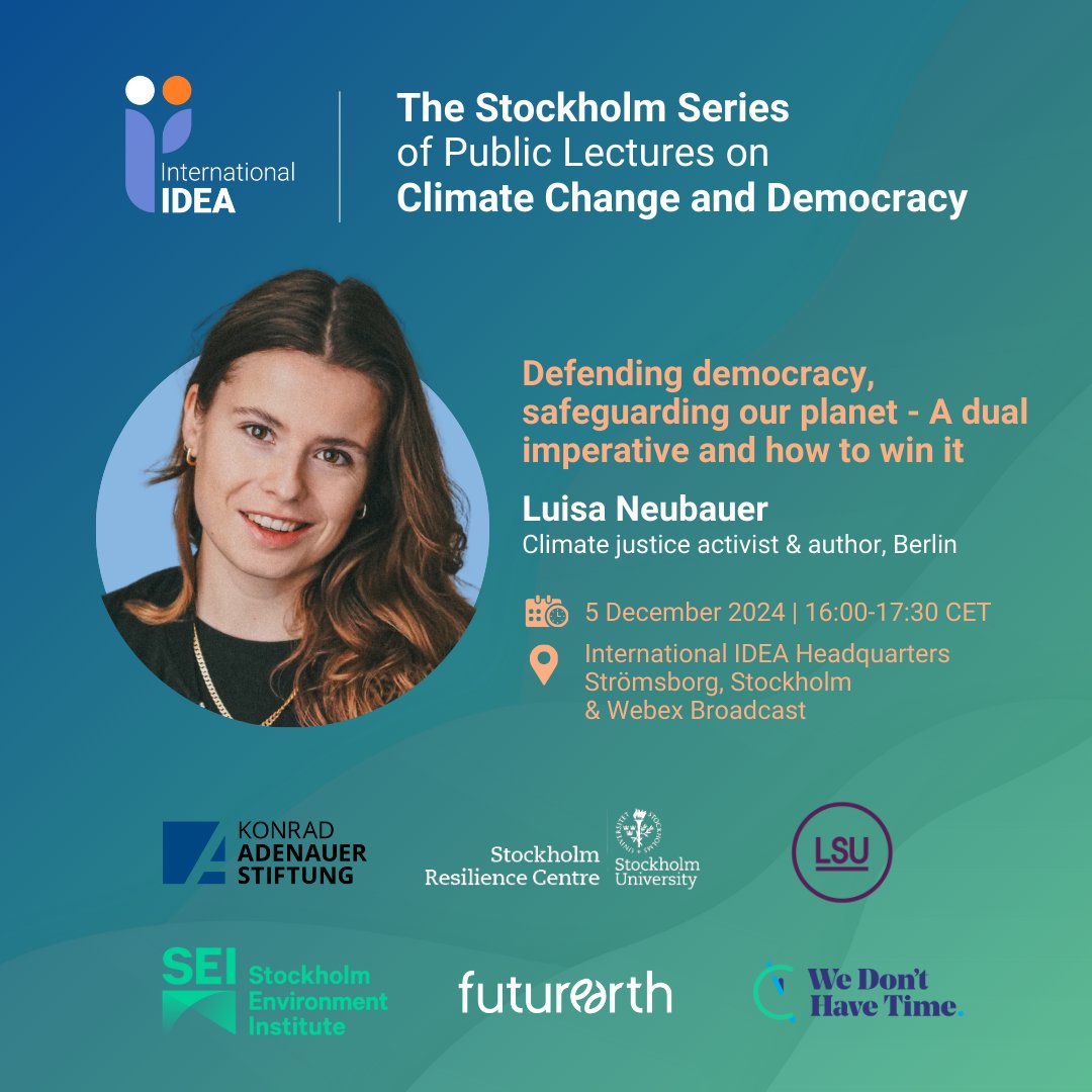 International IDEA (@int_idea) on Twitter photo Democracies need cohesion, social peace, and spaces where there is no need to constantly fight crises. An escalating climate crisis offers no such space; instead, it accelerates disruption.
On 5 December, join the #StockholmSeries lecture with <a href="/Luisamneubauer/">Luisa Neubauer</a>. Register ➡️ Democracies need cohesion, social peace, and spaces where there is no need to constantly fight crises. An escalating climate crisis offers no such space; instead, it accelerates disruption.
On 5 December, join the #StockholmSeries lecture with <a href="/Luisamneubauer/">Luisa Neubauer</a>. Register ➡️