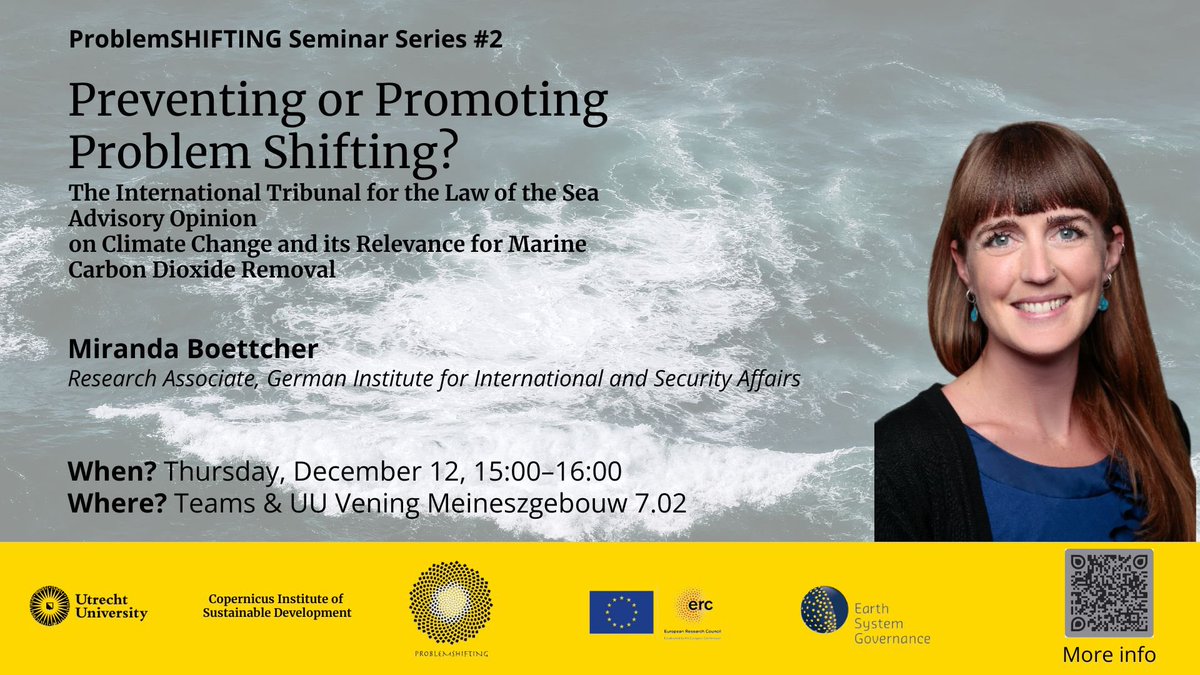 PROBLEMSHIFTING (@problemshifting) on Twitter photo 🌊 Join us on 12 Dec for #ProblemSHIFTINGSeminarSeries 2 Preventing or Promoting ProblemShifting: ITLOS Advisory Opinion on Climate Change and mCDR
Dr <a href="/MirandaBoe/">Miranda Boettcher</a> explores mCDR and its potential to combat global warming. Should such clim gov be at the expense of ocean pollution? 🌊 Join us on 12 Dec for #ProblemSHIFTINGSeminarSeries 2 Preventing or Promoting ProblemShifting: ITLOS Advisory Opinion on Climate Change and mCDR
Dr <a href="/MirandaBoe/">Miranda Boettcher</a> explores mCDR and its potential to combat global warming. Should such clim gov be at the expense of ocean pollution?