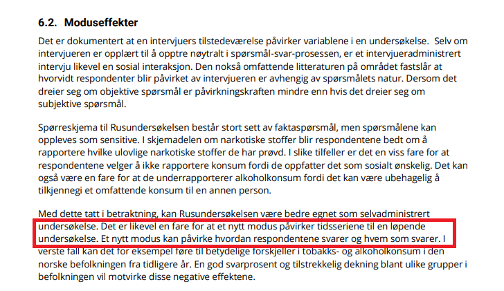 De nye tallene om rusbruk må tas med en stor klype salt. 59% svarte på web i 2024, mens alle svarte på telefon i 2023. Det er velkjent at web gir ærligere svar enn telefon. Det må derfor tas store forbehold ved sammenlikning over tid, noe SSB også skriver om i sin dokumentasjon.