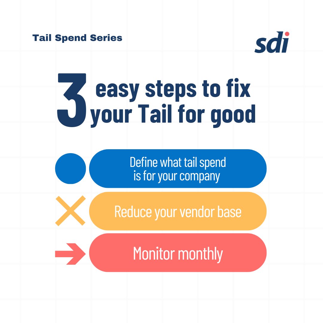 SDICorp's tweet photo. #TailSpend can be tricky with so many suppliers and small transactions, but fixing it is easier than you think! 💡

Here are 3 simple steps:

✔️Define what tail spend means for your company
✔️Reduce your vendor base
✔️Monitor monthly
#SDI #TailSpendManagement #TailSpendSeries https://t.co/Nb8JXVI82k