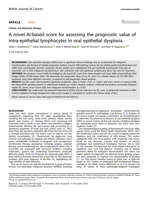 🚀 Thrilled to announce our latest publication in the British Journal of Cancer!

🔬We developed an AI-based intra-epithelial lymphocyte (IEL) score using H&amp;E-stained Whole Slide Images to improve prognostication in oral epithelial dysplasia (OED) (1/4).