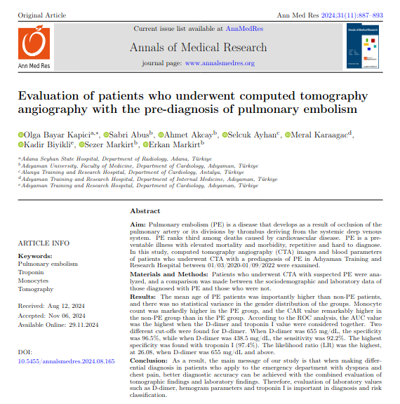 annmedres's tweet photo. Evaluation of patients who underwent computed tomography angiography with the pre-diagnosis of pulmonary embolism.
#Pulmonary #Troponin #Monocytes #Tomography
https://t.co/nQNByEZ3RO https://t.co/sitoZHJHKY