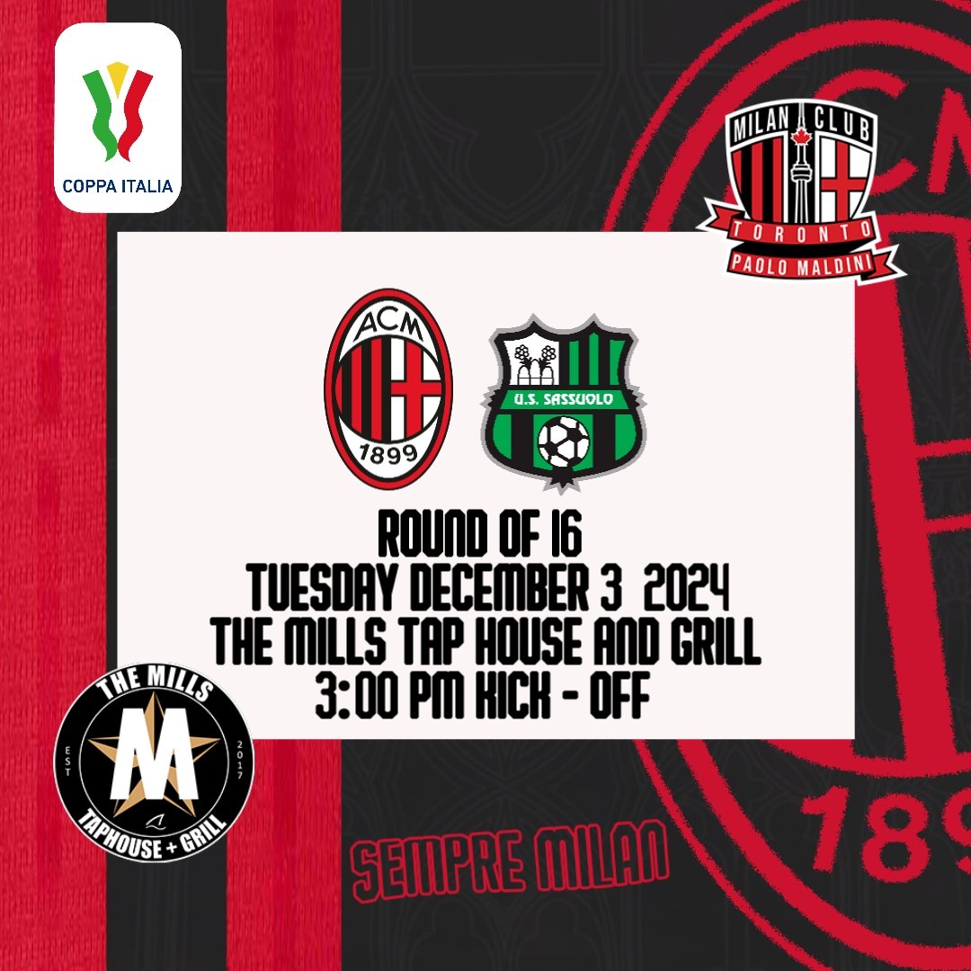 This Tuesday!
@ The Mills Tap House 
#MilanSassuolo
In #CoppaItalia 🏆🇮🇹 Action!!!
Let's Gooooo <a href="/acmilan/">AC Milan</a>
🔴⚫🔴⚫🔴⚫🔴⚫🔴⚫
#ForzaMilan #SempreMilan #ACMilan