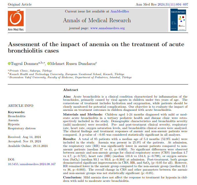 annmedres's tweet photo. Assessment of the impact of anemia on the treatment of acute bronchiolitis cases.
#Bronchiolitis #Anemia #Hypoxia #Respiratory_distress
https://t.co/goVQijEPdJ https://t.co/l2CJBTuewi