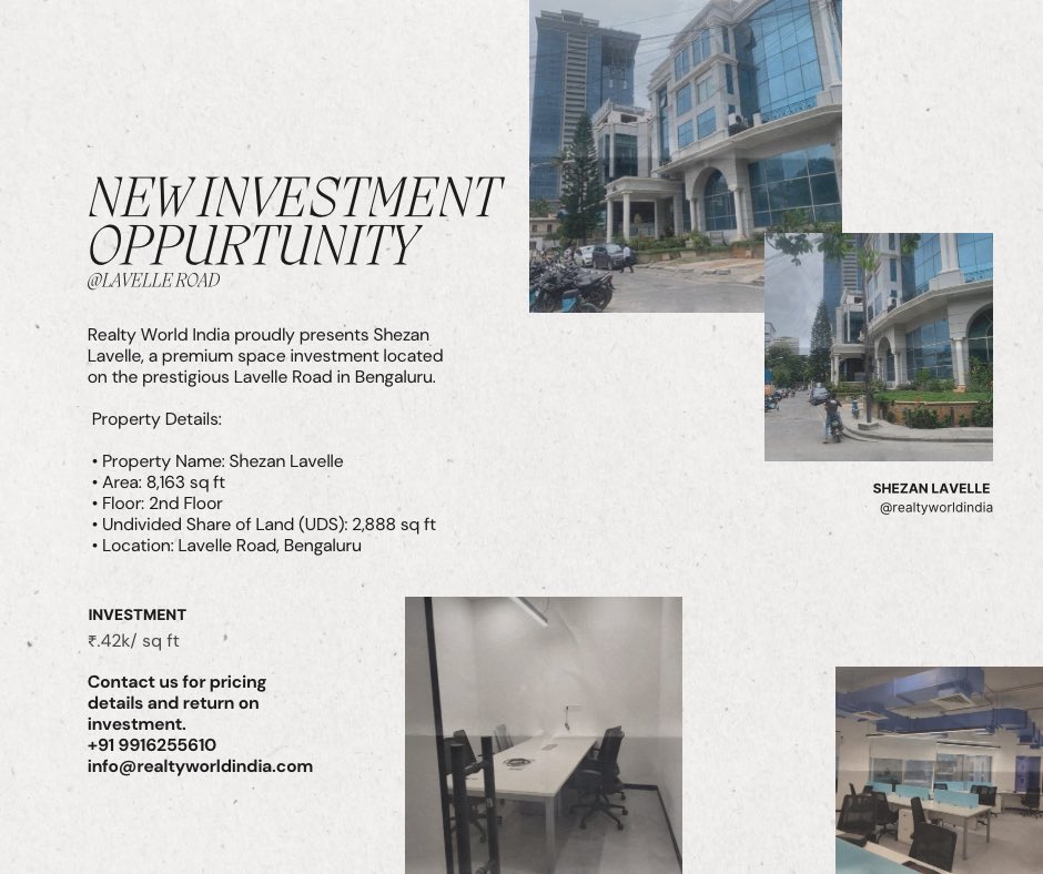 realtyworldin's tweet image. Investment Opportunity at Shezan Lavelle, Lavelle Rd! Premium retail space, 8,163 sq ft on 2nd floor with 2,888 sq ft UDS. DM for details!

#RealtyWorldIndia #ShezanLavelle #LavelleRoad #RetailSpace #InvestmentOpportunity #BangaloreRealEstate #CommercialProperty