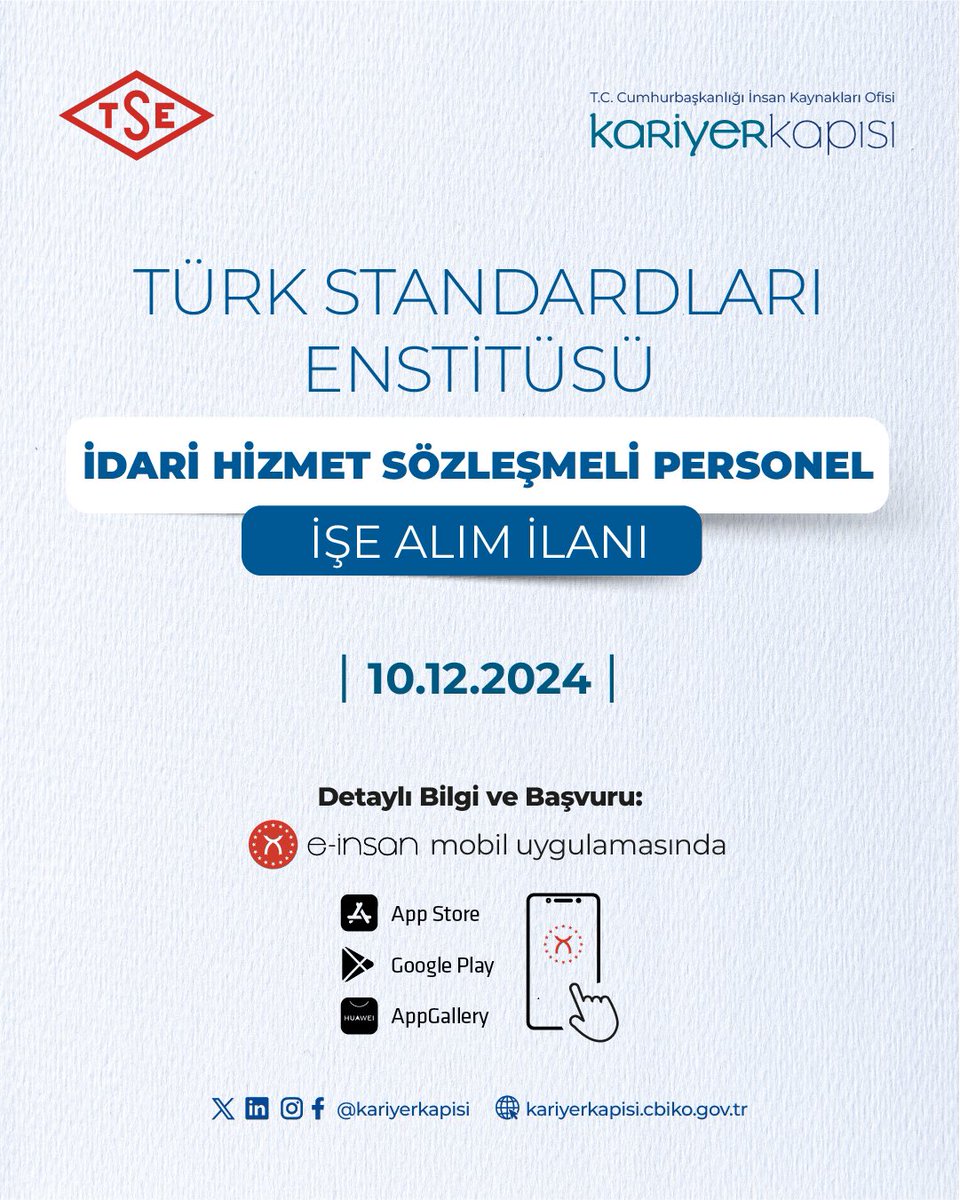 Türk Standardları Enstitüsü Mühendis, Kimyager ve Denetçi Yardımcısı işe alım ilanı başvuruları başladı.

👉🏼 Başvuru: onelink.to/e-insan 
🗓️ Son Başvuru Tarihi: 10 Aralık 2024

<a href="/tccbiko/">T.C. Cumhurbaşkanlığı İnsan Kaynakları Ofisi</a> <a href="/TSEKurumsal/">TSE</a>