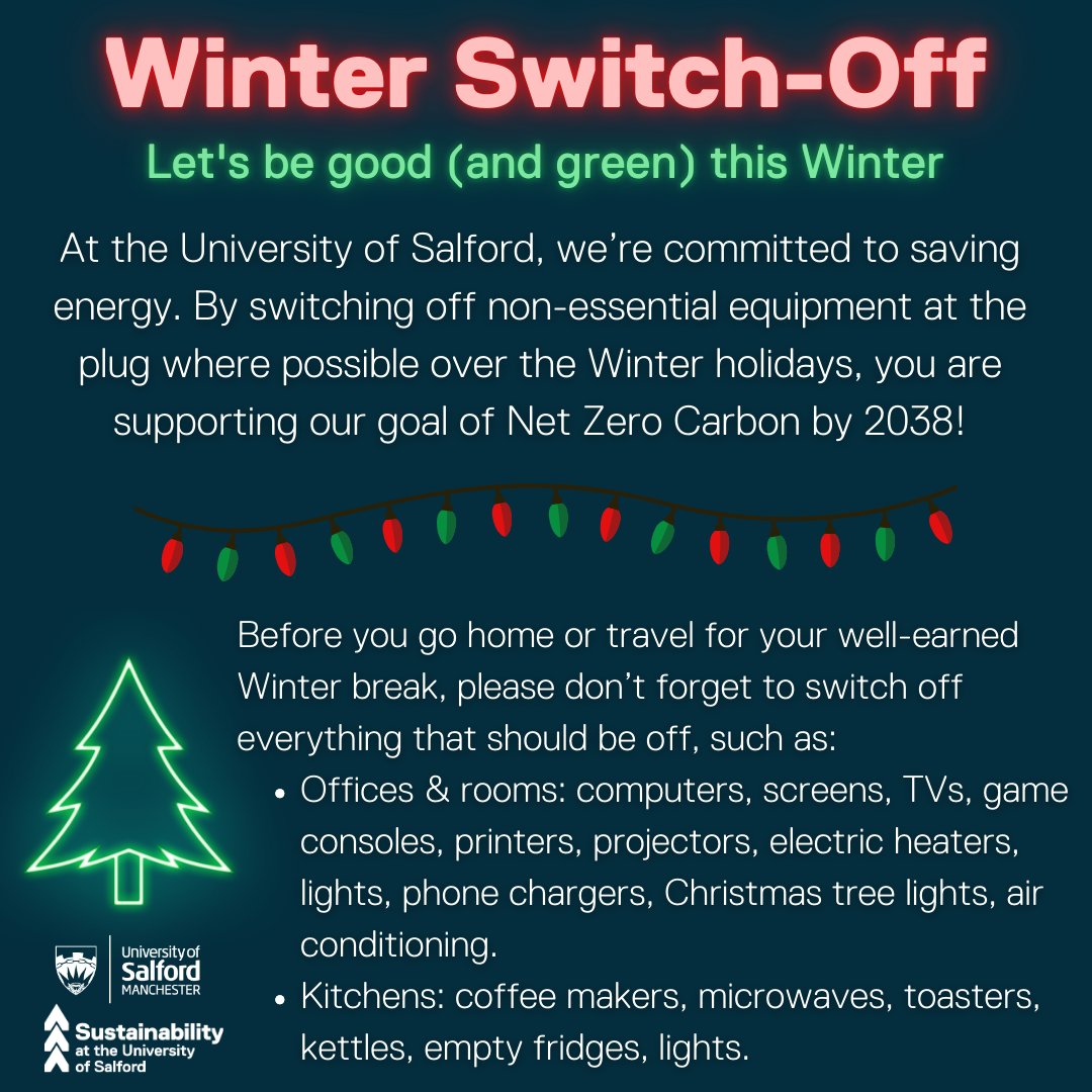 Before you switch off for the holidays this year, please remember to also switch off everything in your office/room/home that can be off💡

It’s a simple way to help us save energy, reduce carbon emissions, and help the planet this Winter❄️