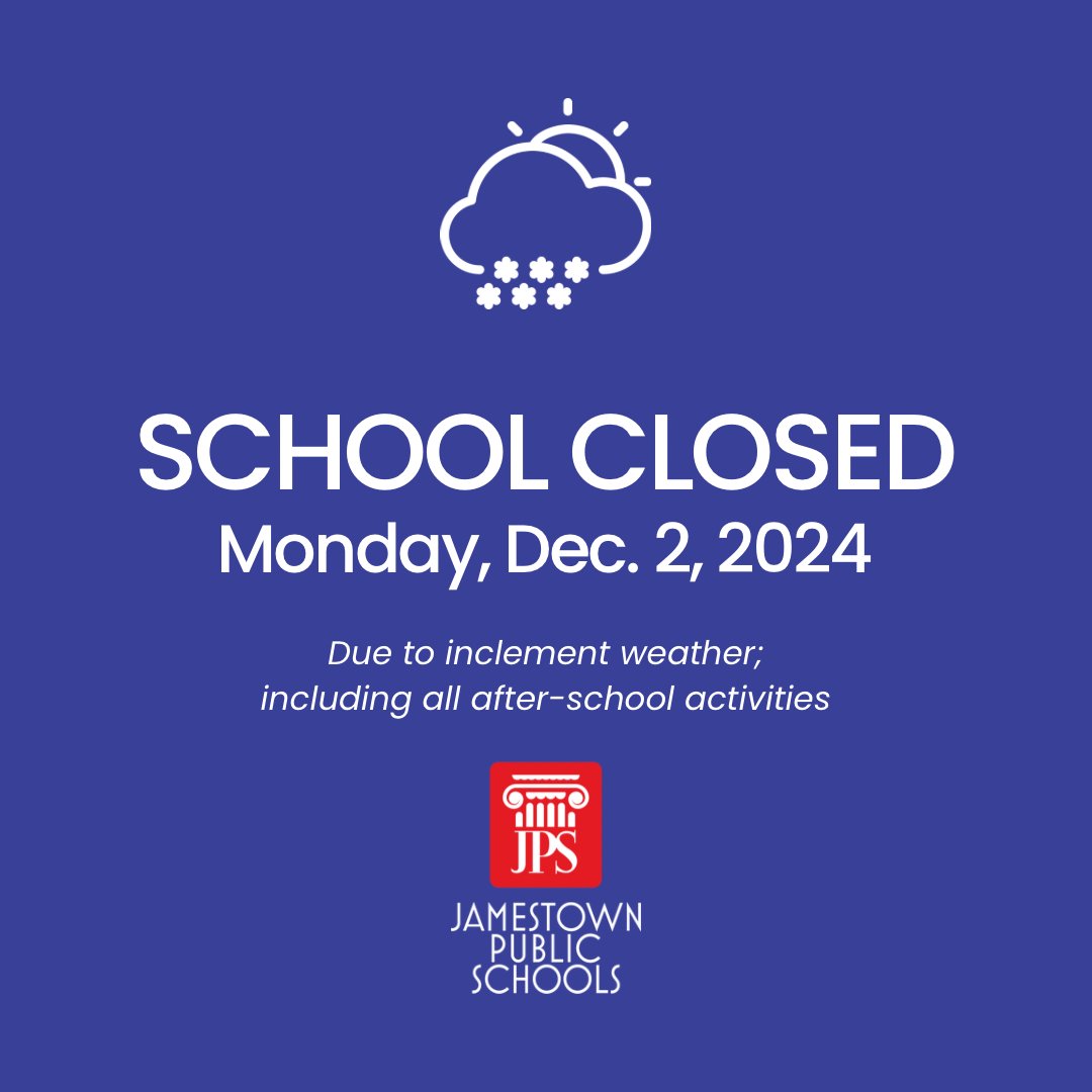 All Jamestown Public Schools will be CLOSED today (Monday, Dec. 2, 2024) due to inclement winter weather and hazardous conditions. This will include all after-school activities. Please stay safe and warm! ❄️ #JPSNY