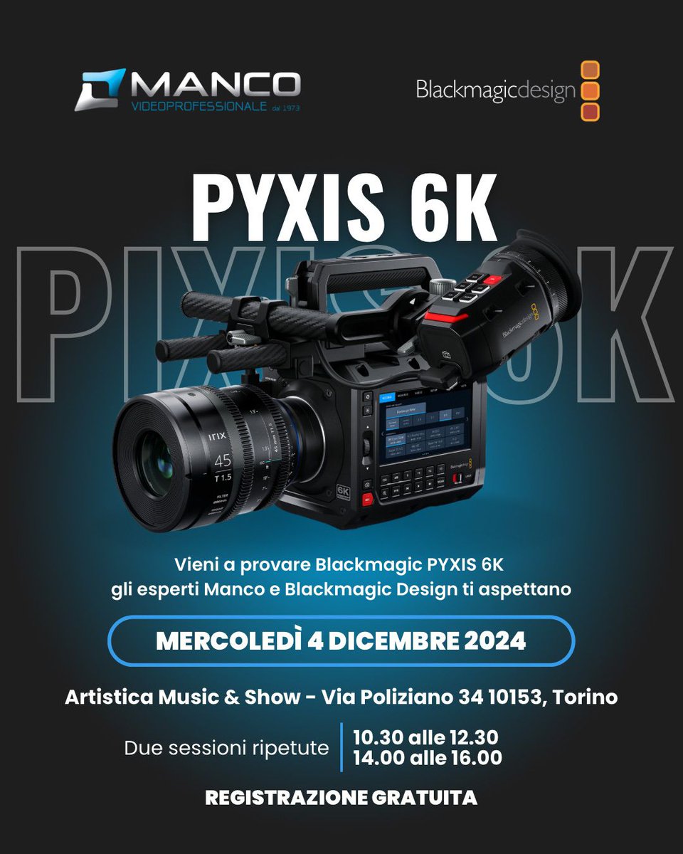 MancoVideoPro's tweet image. Manco Videoprofessionale e Blackmagic Design vi invitano a scoprire la nuova PYXIS 6K
mercoledì 4 dicembre 2024
da Artistica Music &amp;amp; Show via Poliziano 34 (TO)
Due sessioni: 10.30 - 12.30 e 14 - 16
Registrati bit.ly/3Z6aiCb
Prova PYXIS 6K e Blackmagic Cloud!