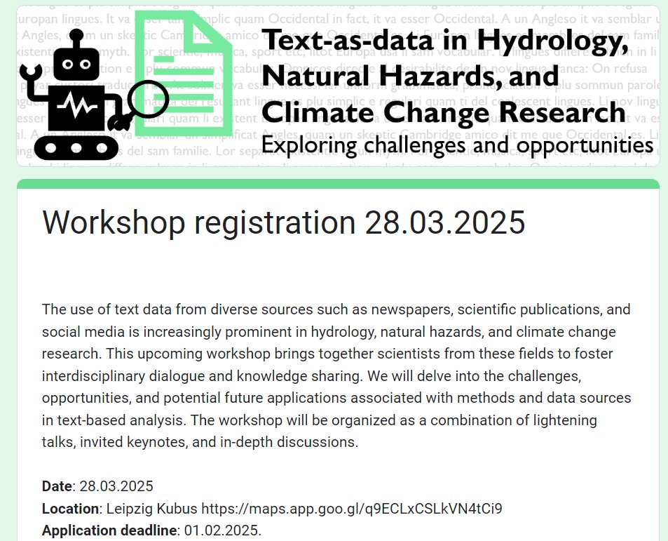 m_de_Brito's tweet image. Next year, we are organizing the second edition of the #textasdata workshop in hydrology, natural hazards, and climate change research. Looking forward to discussing ways to collaborate with others!

📅 28.03.2025
📍 Leipzig Kubus
🗓️ Apply by 01.02.2025
