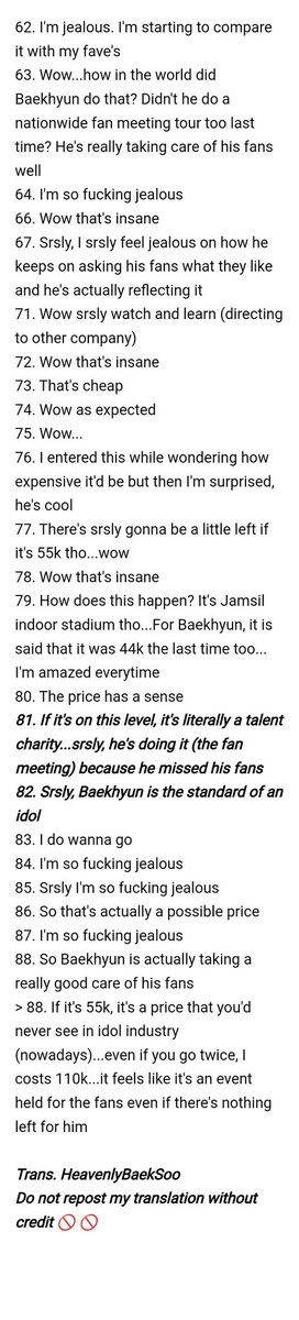 [Instiz] "Baekhyun's fan meeting price that came out today" (Hot discussion)

5. If it's 55k in Jamsil indoor stadium, it's srsly on a charity event level 

42. Wow srsly, isn't it a talent charity? That's insane 

82. Srsly, Baekhyun is the standard of an idol