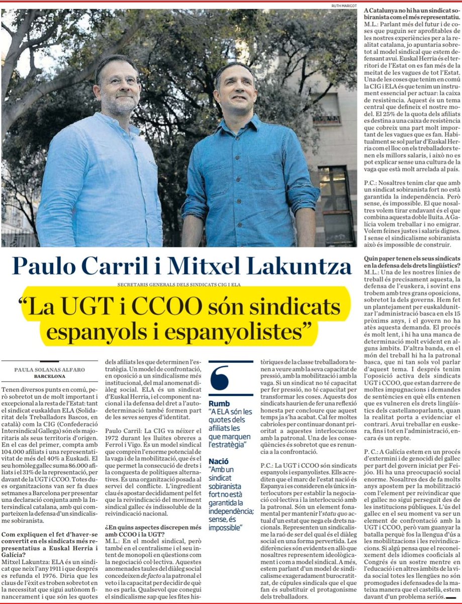 gerard_furest's tweet image. Faríeu molt bé de llegir l&apos;entrevista que avui publica el diari Ara als secretaris generals dels sindicats nacionalistes i de contrapoder ELA i CIG.

Em quedo amb aquesta frase: &quot;Amb un sindicalisme sobiranista fort no està garantida la independència; sense, és impossible&quot;.