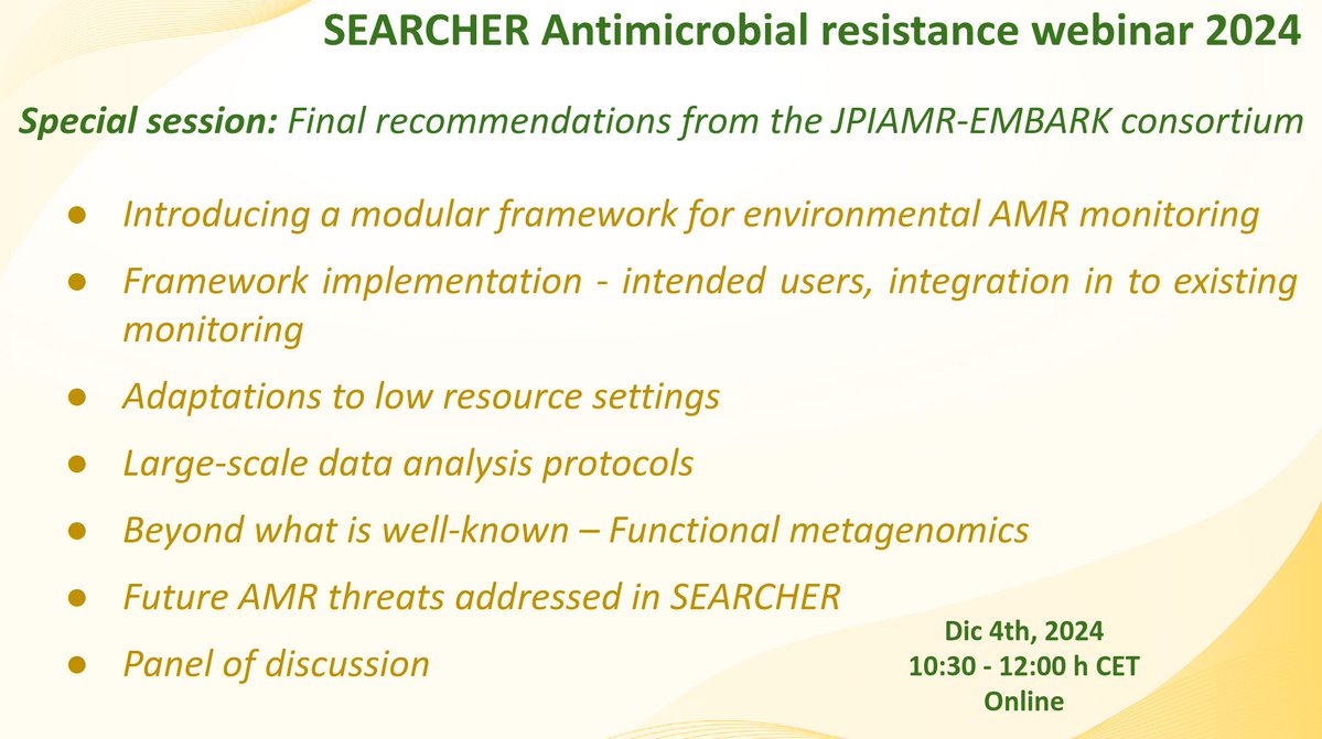🚨 EMBARK final recommendations 🚨

Join our 2nd special session on the outcomes from <a href="/JPIAMR/">JPIAMR</a> #EMBARK project.

💊 <a href="/bengtssonpalme/">Johan BengtssonPalme</a> 
💊 <a href="/RuppeEtienne/">Etienne Ruppé</a> 
💊 <a href="/RabaabZ/">R Zahra</a> 
💊 #TBerendonk
💊 @Loeber_U 
💊 <a href="/vhjarquind/">Víctor Hugo Jarquín-Díaz</a> 

🗓️Dic 4th, 2024
⏰ 10:30am CET

👉Registration: mdc-berlin.zoom.us/meeting/regist…