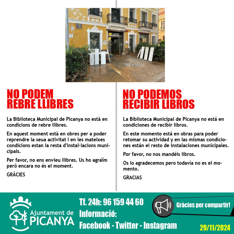 NO PODEM REBRE LLIBRES
La Biblioteca Municipal no està en condicions de rebre llibres. 
En este moment està en obres per a poder reprendre la seua activitat i en les mateixes condicions estan la resta d'instal·lacions municipals.
Encara no és el moment.
GRÀCIES