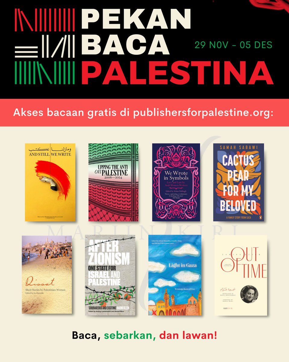 Kunjungi publishersforpalestine.org untuk mengakses buku digital gratis dari penulis Palestina dan buku digital tentang Palestina dari seluruh dunia.

Bagikan aktivitas membacamu di media sosial dengan tagar #ReadPalestineWeek #ReadPalestine #PekanBacaPalestina.
