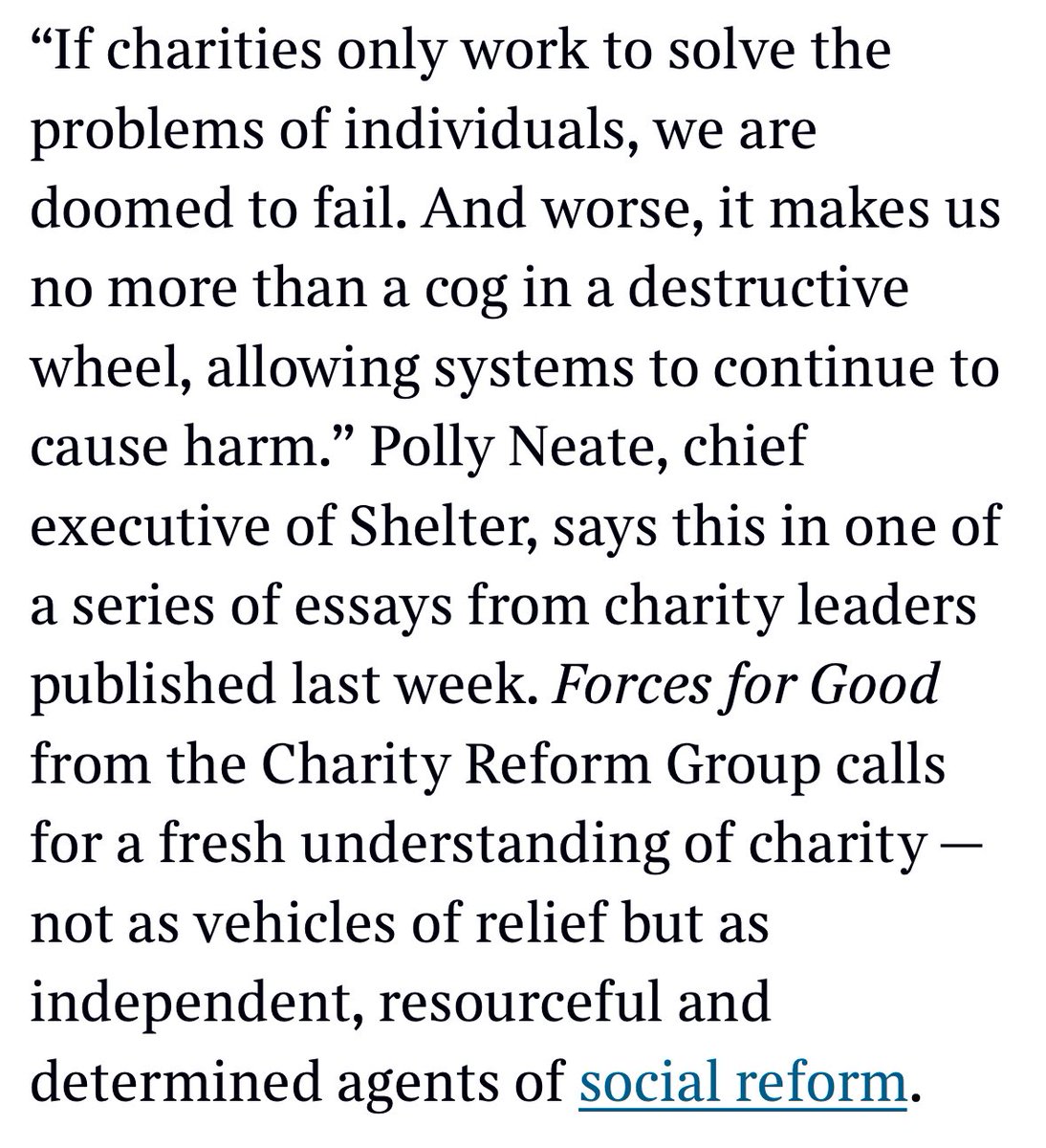 Polly Neate (@pollyn1) on Twitter photo My quote from today’s piece in <a href="/thetimes/">The Times and The Sunday Times</a> by <a href="/Sue_Tibballs/">Sue Tibballs</a> of <a href="/SMKcampaigners/">Sheila McKechnie Foundation (SMK)</a> - we at the #CharityReformGroup published a series of essays on this theme last week. You can read them here smk.org.uk/what-we-do/cha… My quote from today’s piece in <a href="/thetimes/">The Times and The Sunday Times</a> by <a href="/Sue_Tibballs/">Sue Tibballs</a> of <a href="/SMKcampaigners/">Sheila McKechnie Foundation (SMK)</a> - we at the #CharityReformGroup published a series of essays on this theme last week. You can read them here smk.org.uk/what-we-do/cha…