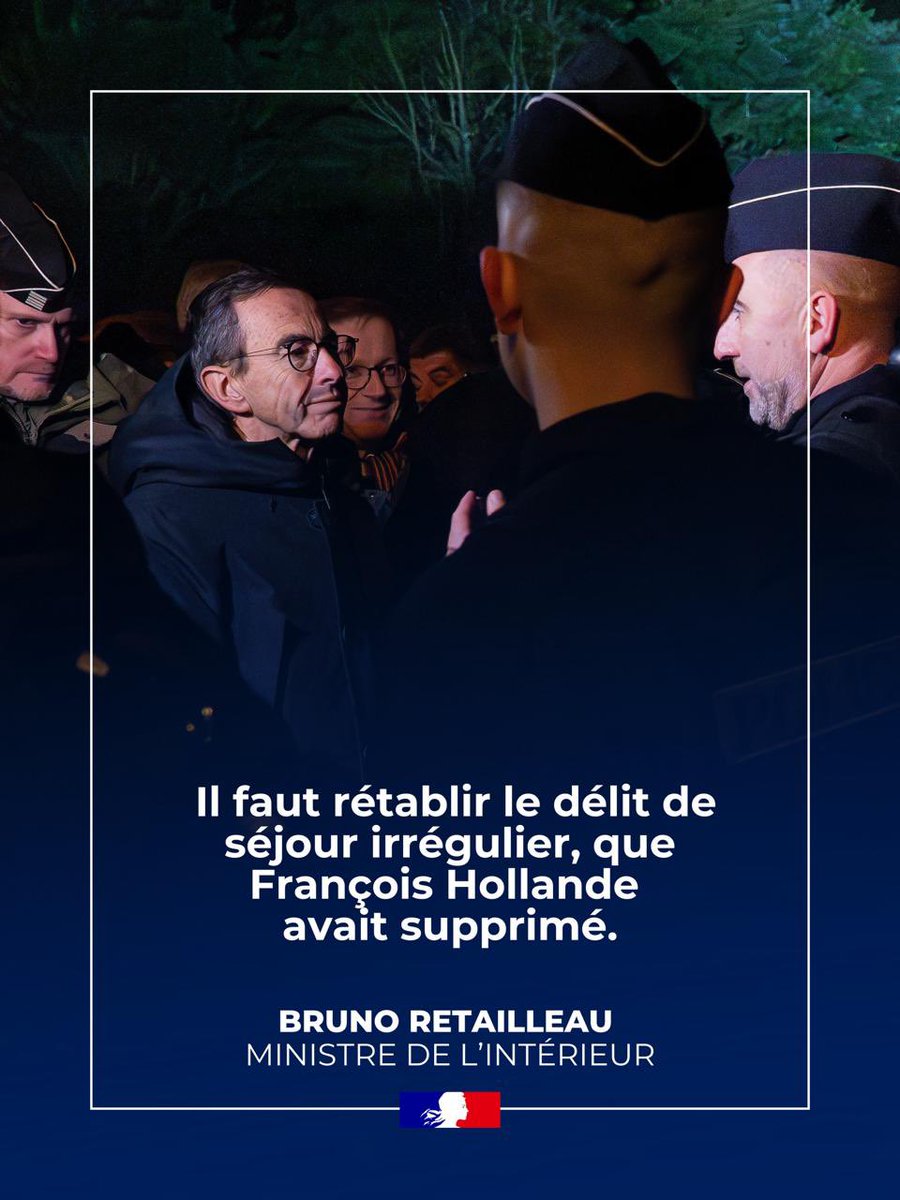 BrunoRetailleau's tweet image. Il faut rétablir ce que François Hollande avait supprimé en 2012 : le délit de séjour irrégulier. 

Cela nous donnera des pouvoirs d’enquête afin de lutter plus efficacement contre les filières illégales.