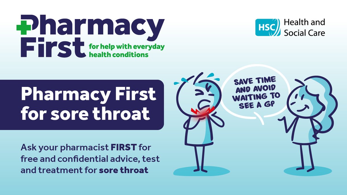 Community pharmacies across Northern Ireland offer a new ‘Pharmacy First for Sore Throat’ service.  
This service provides quick, accessible advice and treatment for anyone aged five years and older experiencing a sore throat.