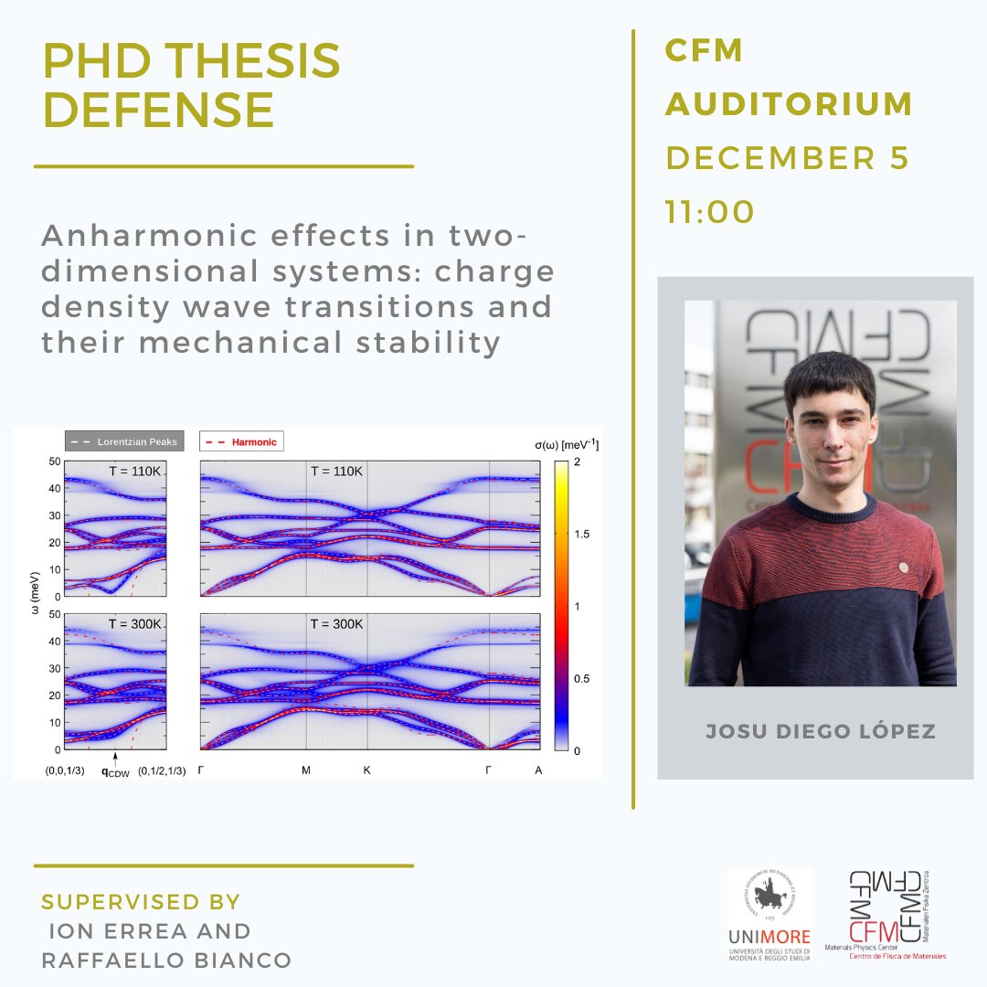 #PhD Thesis Defense      
👨‍💻Josu Diego Lopez   
🌍CFM 
⏰5/12, 11:00
Superv.:  <a href="/ionerrea/">Ion Errea</a> &amp; Raffaello Bianco
Anharmonic effects in two-dimensional systems: charge density wave transitions and their mechanical stability
cfm.ehu.es/cfm_news/phd-t…
<a href="/upvehu/">UPV/EHU</a> <a href="/josu_diego/">Josu</a>  <a href="/UNIMORE_univ/">UNIMORE</a>