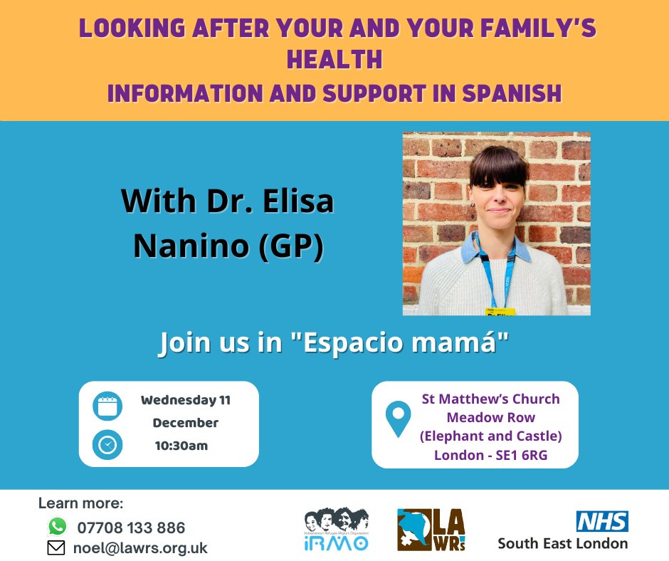 Calling our Latin American community in south east London! <a href="/selondonics/">South East London ICS</a> and <a href="/lawrsuk/">Latin American Women's Rights Service - LAWRS</a> are holding a workshop in Spanish on childhood health at 10:30 am on Wednesday 11 December in St Matthew’s Church, SE1 6RG. Join us in the Espacio Mama group – no registration needed!
