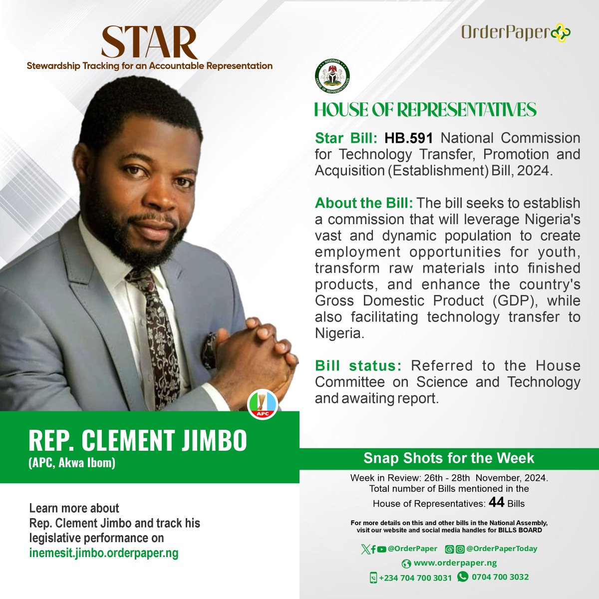 OrderPaper's tweet photo. Presenting our #STARBill of the Week

Out of 44 bills presented in the House of Representatives last week, this bill by Rep. Clement Jimbo emerges as the @OrderPaper STAR Bill.

Is your Lawmaker sponsoring bills that actually meet your needs?

You can find out by keeping tabs on our daily Billsboard update or visit our website at https://t.co/sHLXe3bcZ9

@5Passionfm94 @comfortfm95 @Memoriesfm @UniuyoFm @planetfm101 @atlanticfmuyo @paradisefm1055 @InsideAkwaIbom @PdpAkwaIbom @aksgovt @AkwaIbomOnline @lilyjoelily @romeocza @AKS_PoliceNG @AkwaCrossSpace @akstrending