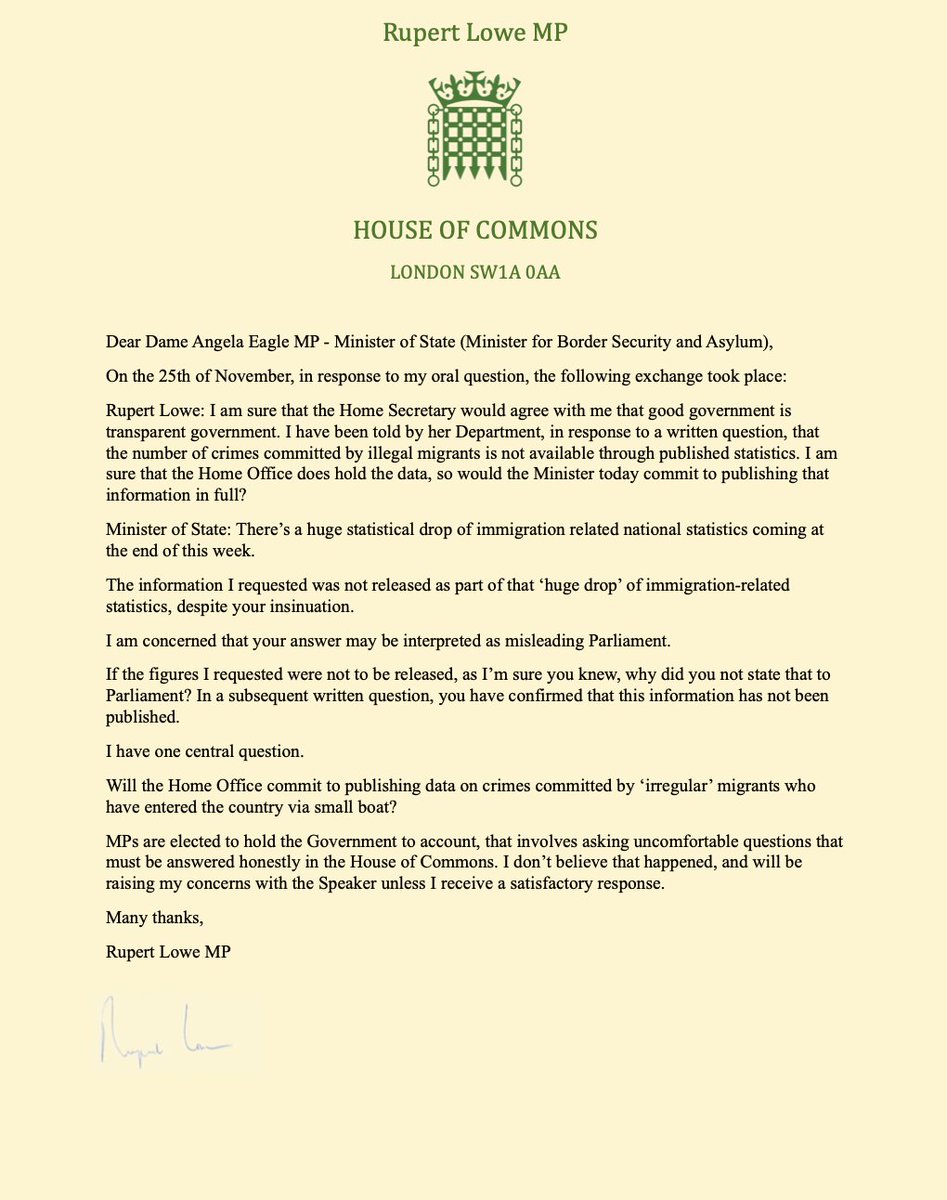 RupertLowe10's tweet photo. My letter to @angelaeagle, following her Department's failure to publish statistics on crimes committed by illegal migrants. Did she mislead Parliament? 

The British people deserve to know this information. https://t.co/0nhf6Pra5q