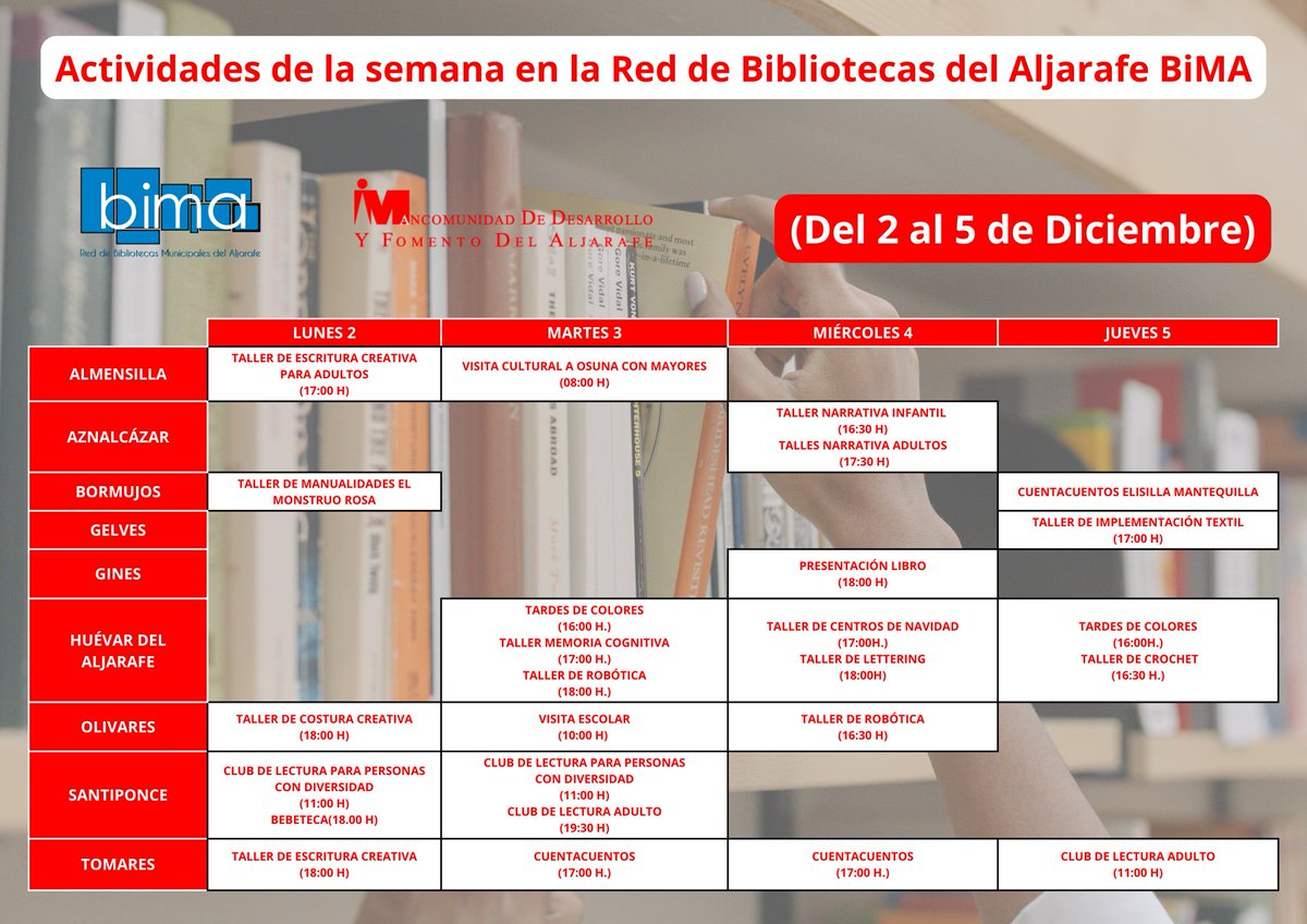 bibliotecasbima's tweet photo. #Agenda de #actividades de 2 al 5 de diciembre 📚⛄️🎄 para todas y todos en la Red de #Bibliotecas Municipales del #Aljarafe (BiMA 💙).

¡Os esperamos en vuestra Biblioteca más cercana! 😉

#BibliotecasBiMA #Sevilla #Lectura #Escritura #ClubesDeLectura #CuentaCuentos #Talleres https://t.co/s5tgXce8ol