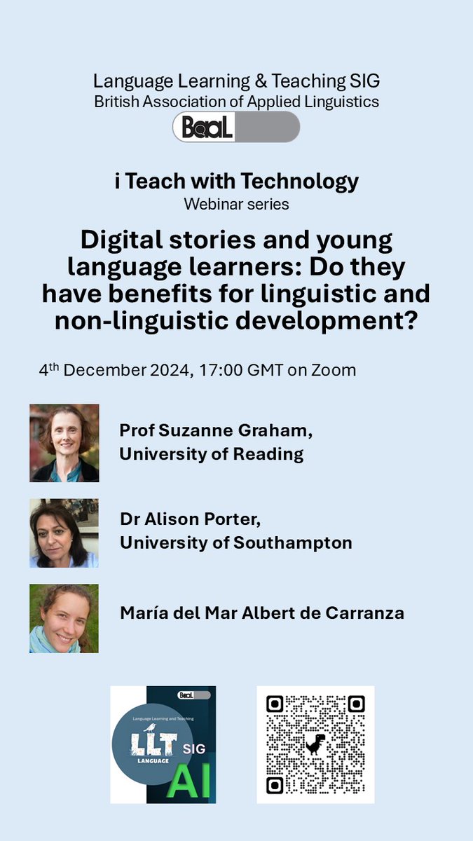 BAAL Language Learning and Teaching SIG (@lltsigbaal) on Twitter photo Come along this Wed to our <a href="/__BAAL/">BAAL: British Association for Applied Linguistics</a> #LLTSIG Webinar on Digital stories and Young Language Learners.
🗣️ Prof Suzanne Graham
🗣️ Dr Alison Porter
🗣Maria del Mar Albert de Carranza
📅 04.12.2024
⏰ 17.00 GMT
💻 ZOOM
✏️Register: docs.google.com/forms/d/1FH7sl…
#BAAL #LanguageEducation Come along this Wed to our <a href="/__BAAL/">BAAL: British Association for Applied Linguistics</a> #LLTSIG Webinar on Digital stories and Young Language Learners.
🗣️ Prof Suzanne Graham
🗣️ Dr Alison Porter
🗣Maria del Mar Albert de Carranza
📅 04.12.2024
⏰ 17.00 GMT
💻 ZOOM
✏️Register: docs.google.com/forms/d/1FH7sl…
#BAAL #LanguageEducation