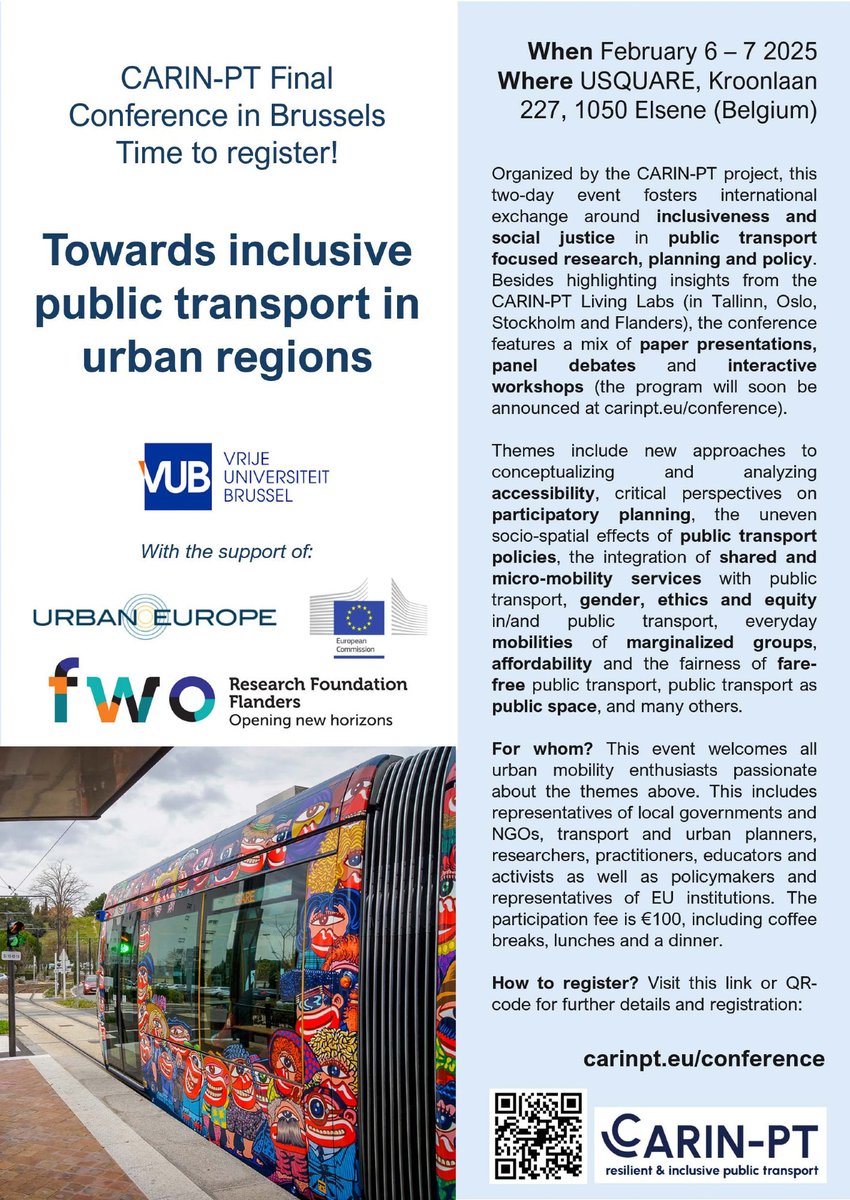 Join our Carin-PT Conference ‘Towards inclusive public transport in urban regions’ (Brussels, February 6-7, 2025) - open to both academics and practitioners - register before January 31st: carinpt.eu/conference/