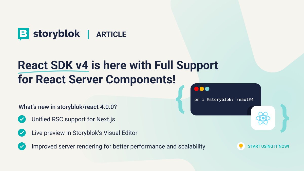 storyblok's tweet image. 🔥#ReactSDK v4 is here with Full Support for React Server Components!
The new @storyblok/@reactjs 4.0.0 update offers full RSC compatibility in @nextjs, live preview in Storyblok's Visual Editor, and improved server rendering.
Learn more: 👇
okt.to/rYwK3S