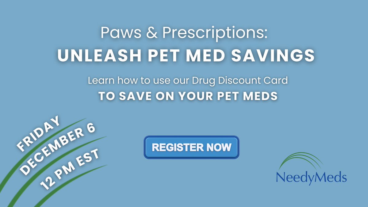 Want to save on your pet’s meds? Check out our latest webinar where we show you how to use the NeedyMeds Drug Discount Card to cut costs on human-equivalent pet meds! Register now: bit.ly/4b982PZ 

#PetCare #PetMeds #NeedyMeds