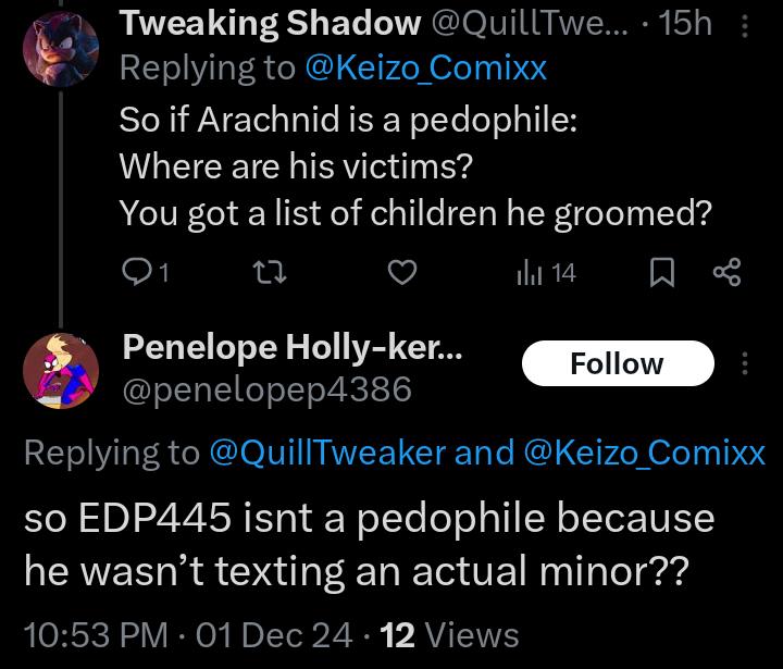 QuillTweaker's tweet image. So this just in:
EDP445 is no longer a pedophile because apparently he wasn't texting an actual minor according to this fucking retard.