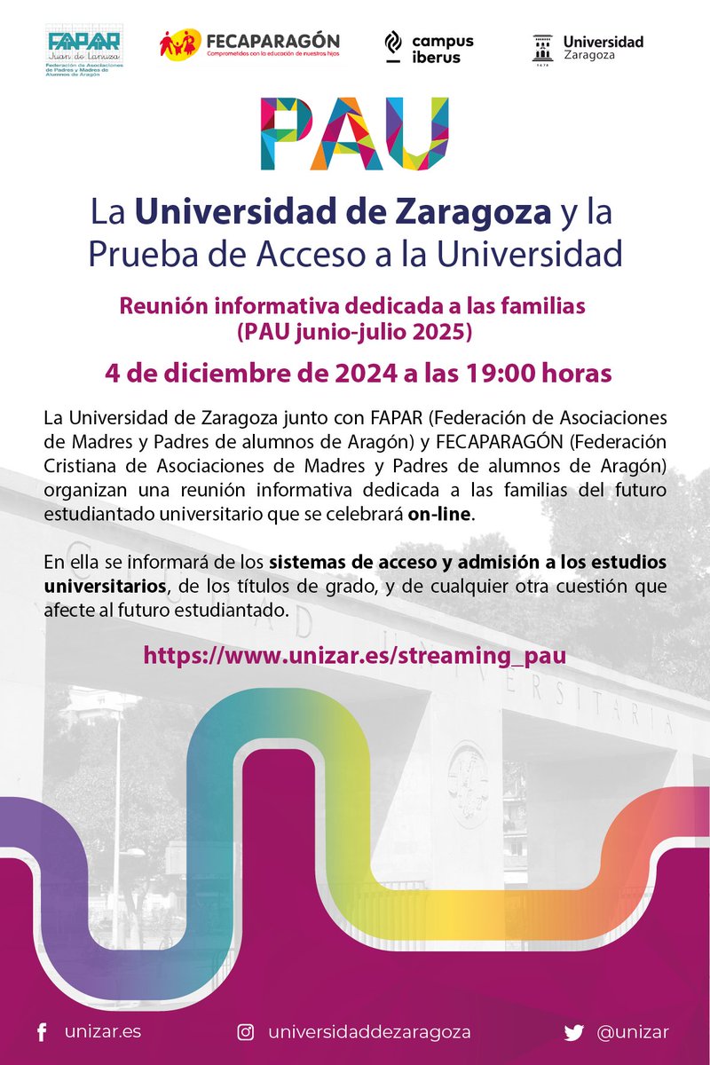 unizar's tweet photo. Si tu hijo/a va a realizar la #PAU en 2025, te interesa la reunión informativa para familias que celebra @unizar con #FAPAR y @fecaparagon este miércoles 4 de diciembre a las 19h.

👉Conéctate al enlace https://t.co/amgJNQ5ceX https://t.co/5Brqes6lNX
