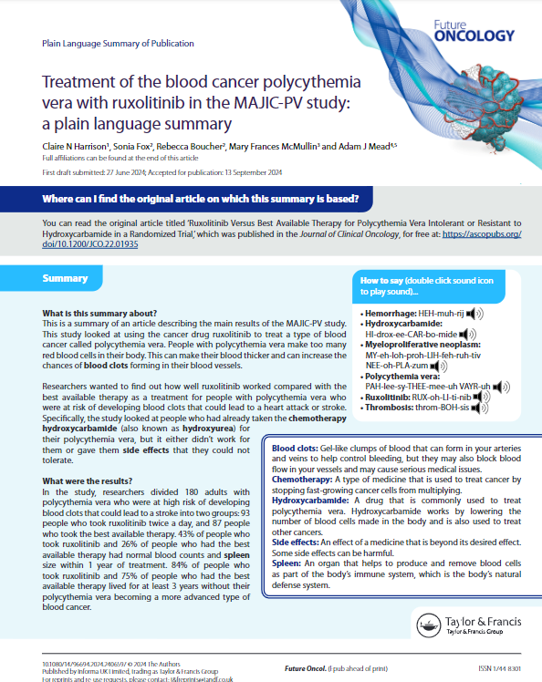 PlainLangSumm's tweet photo. The MAJIC-PV trial explores how ruxolitinib may help manage polycythemia vera, focusing on patients who couldn’t tolerate hydroxycarbamide. Findings highlight its potential to reduce blood thickness and clot risk. 
https://t.co/Yz2FLsZauk
#PlainLanguageSummary #BloodCancer https://t.co/zmigMYtwY7