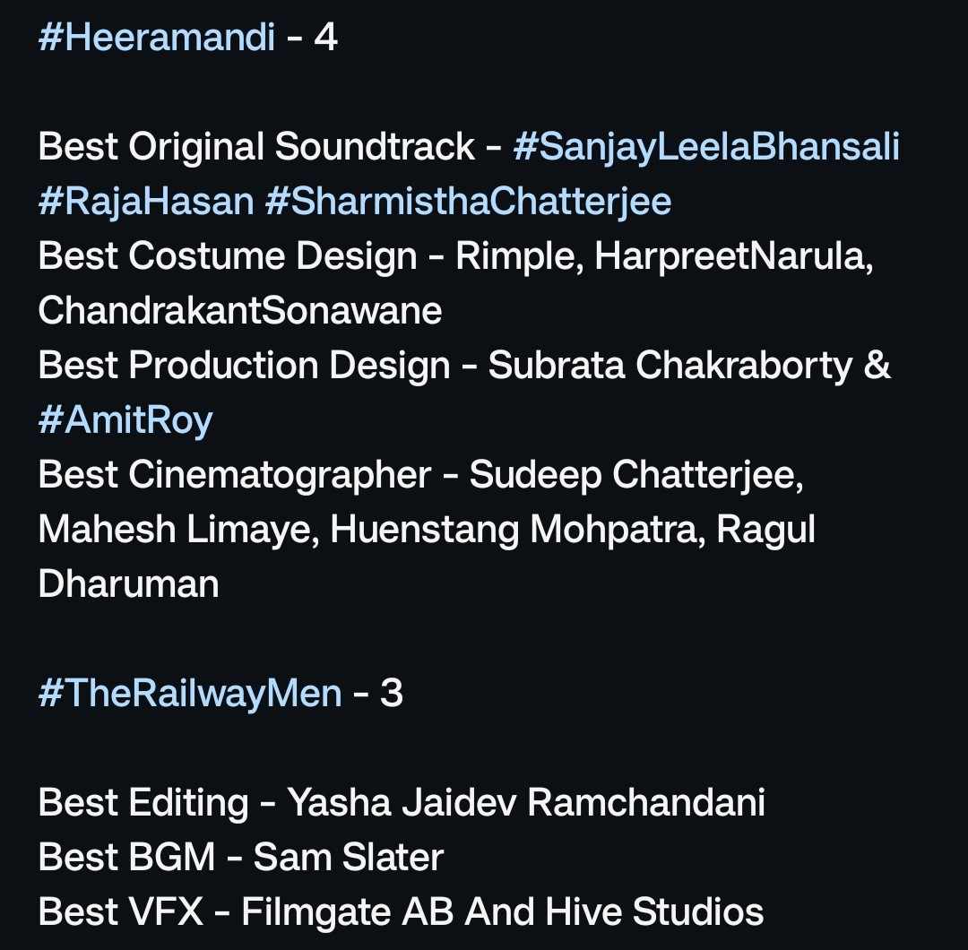 BoxOffice_Films's tweet photo. #FilmfareOTTAwards2024 🏆
Music, Technical & Writing Awards Winners 👏
#Heeramandi - 4
#TheRailwayMen - 3
#KaalaPaani - 2
#GunsAndGulaabs - 2
#Scam2003 - 1
#FilmfareOTTAwards #FilmfareAwards #OTTAwards #OTT #WebSeries #Filmfare #FilmfareOTT #NetflixIndia #SonyLIV https://t.co/v2iJPO9TG8