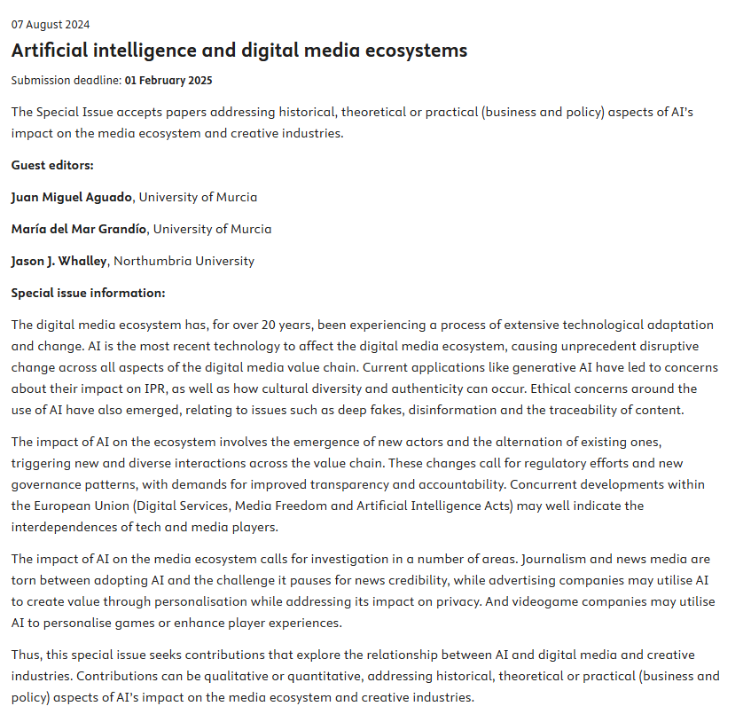 2 months left to submit an article for a new #SpecialIssue of #TelecommunicationsPolicy focusing on #ArtificialIntelligence and digital media ecosystems (edited by <a href="/juanchoaguado/">Juan Miguel Aguado</a>, <a href="/margrandio/">María del Mar Grandío</a> &amp; <a href="/JLW346/">Jason Whalley</a>).

Check the #C4P 👇 
bit.ly/478Cs32