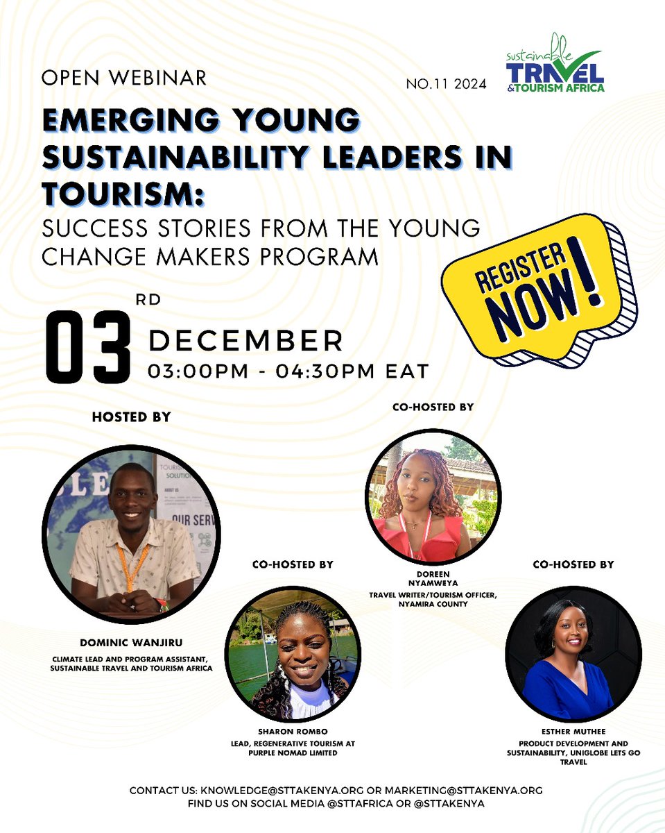 Sustainable Travel & Tourism Africa-Consulting (@sttakenya) on Twitter photo COMING UP!
Join us for #STTAWebinarSeries #11 as we host <a href="/EstherMuthee5/">Esther Muthee</a> , <a href="/idealistatheart/">Frau Sharon</a> & <a href="/RTadvocate_/">Moraa</a> to share how the #sttachangemakers program shaped their leadership in sustainability.
📅 Tomorrow, 3rd December 2024
🕒 3:00 pm to 4:30 pm EAT
🔗 bit.ly/3B4pnwj COMING UP!
Join us for #STTAWebinarSeries #11 as we host <a href="/EstherMuthee5/">Esther Muthee</a> , <a href="/idealistatheart/">Frau Sharon</a> & <a href="/RTadvocate_/">Moraa</a> to share how the #sttachangemakers program shaped their leadership in sustainability.
📅 Tomorrow, 3rd December 2024
🕒 3:00 pm to 4:30 pm EAT
🔗 bit.ly/3B4pnwj