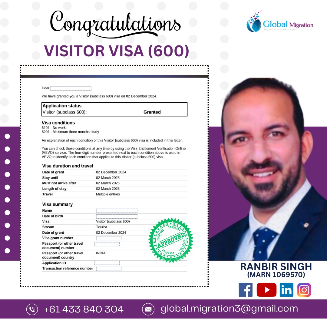 Global_aus's tweet image. 🌟 Congratulations! Another Successful Visa Granted! 🎉 🌟

We are thrilled to announce the successful grant of a Visitor Visa (Subclass 600) for our client! ✈✨

#VisitorVisa #Subclass600 #MigrationSuccess #GlobalMigration #ExploreTheWorld #VisaApproval #TouristVisa #Global