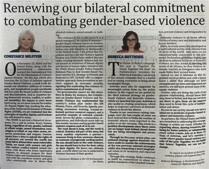 Chargé d’Affaires Ken Toko (@usambmalta) on Twitter photo Proud to collaborate with Parliamentary Secretary for Reforms and Equality <a href="/r_buttigieg/">Rebecca Buttigieg 🏳️🌈🏳️⚧️</a> on op-eds to mark the International Day for the Elimination of Violence Against Women and the start of #16Days of Activism. We stand together in our call for action to end gender-based Proud to collaborate with Parliamentary Secretary for Reforms and Equality <a href="/r_buttigieg/">Rebecca Buttigieg 🏳️🌈🏳️⚧️</a> on op-eds to mark the International Day for the Elimination of Violence Against Women and the start of #16Days of Activism. We stand together in our call for action to end gender-based