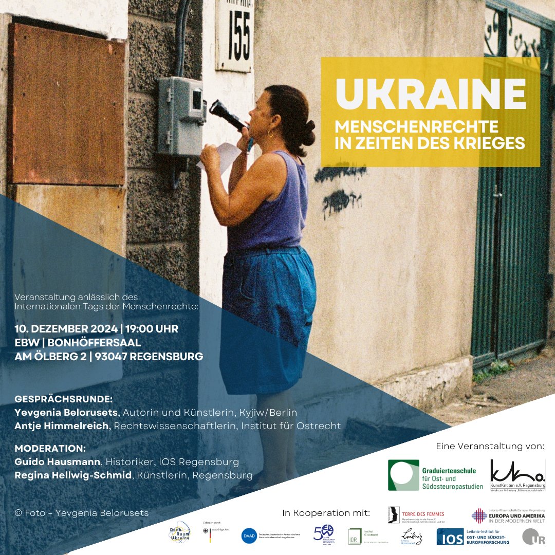 💡Gespräch „#Ukraine: Menschenrechte im Angesicht des Krieges“ am Internationalen Tag der #Menschenrechte!
🗣️ Mit Yevgenia Belorusets, Antje Himmelreich &amp; Prof. Dr. Guido Hausmann.
📍10.12.2024, 19:00 Uhr, Evangelisches Bildungswerk #Regensburg
🔗tinyurl.com/bdddsruz