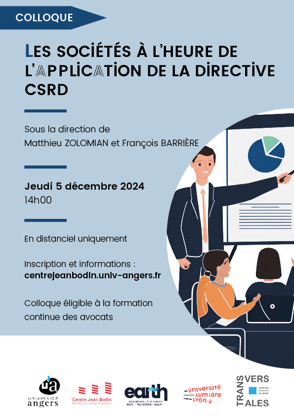 ⏱️Plus que 3 jours pour vous inscrire au colloque en ligne "Les sociétés à l'heure de l'application de la directive CSRD". En distanciel uniquement. Infos et inscription sur le site du Centre Jean Bodin : centrejeanbodin.univ-angers.fr/fr/activites/m…
Éligible à la formation continue des avocats