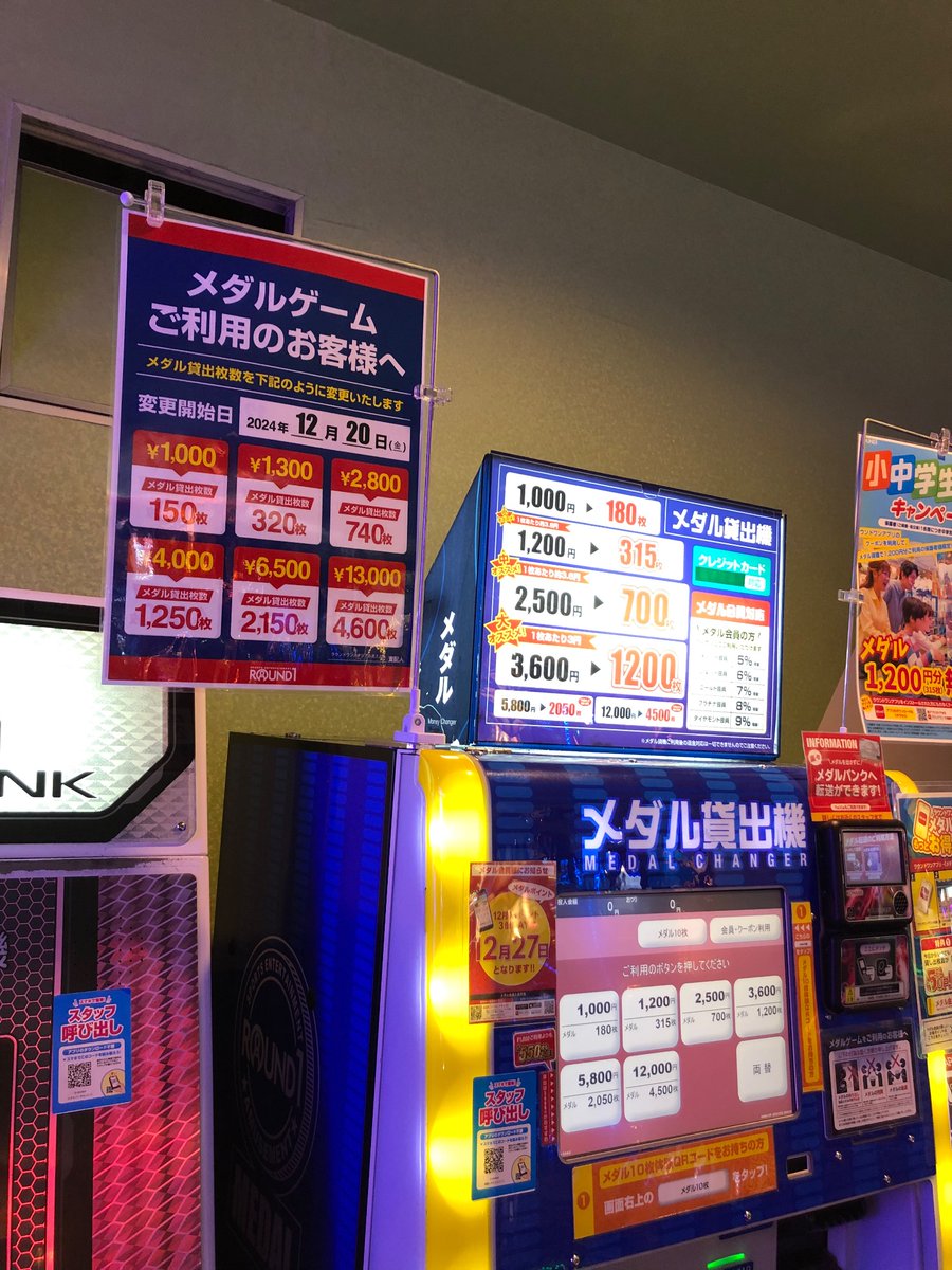 ラウンドワン北21条店のメダルゲームコーナーも20日からのメダル価格の