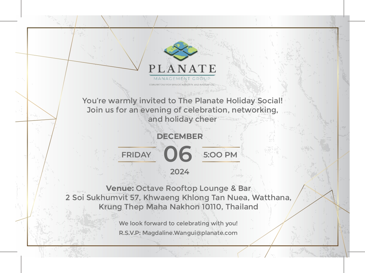 PlanateMG's tweet photo. Join us for an evening of celebration and gratitude at the Thailand Holiday Social! Reflect on shared successes, connect with industry peers, and enjoy the festive season.

RSVP by emailing Magdaline.Wangui@planate.com or visit: https://t.co/Npq0UwYKT1

See you there! https://t.co/1VzTORrehq