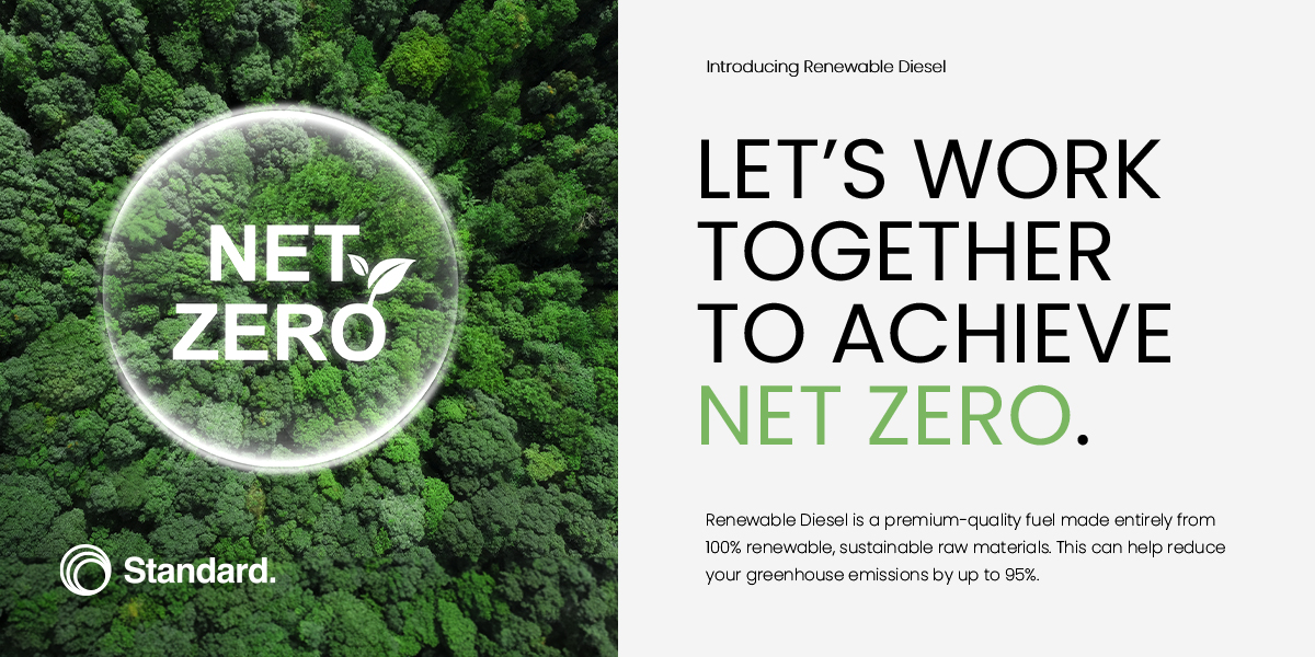 WORK TOGETHER TO ACHIEVE NET ZERO.

Renewable Diesel is a premium-quality fuel made entirely from 100% renewable, sustainable raw materials. This can help reduce your greenhouse emissions by up to 95%.

standardfueloils.co.uk/hvobiofuel/