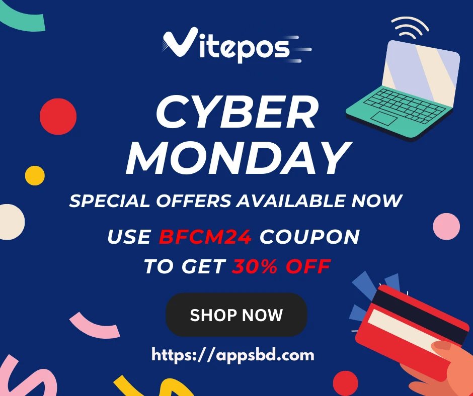 APPSBD's tweet image. 🚀 Cyber Monday is Live on Vitepos! 🚀
Streamline your business operations with Vitepos. Use the code BFCM24 at checkout and get 30% off today!
Website link: vitepos.com/pricing
🕒 Act now—Cyber Monday won&apos;t last forever!
#Vitepos #CyberMonday2024 #BusinessTools...