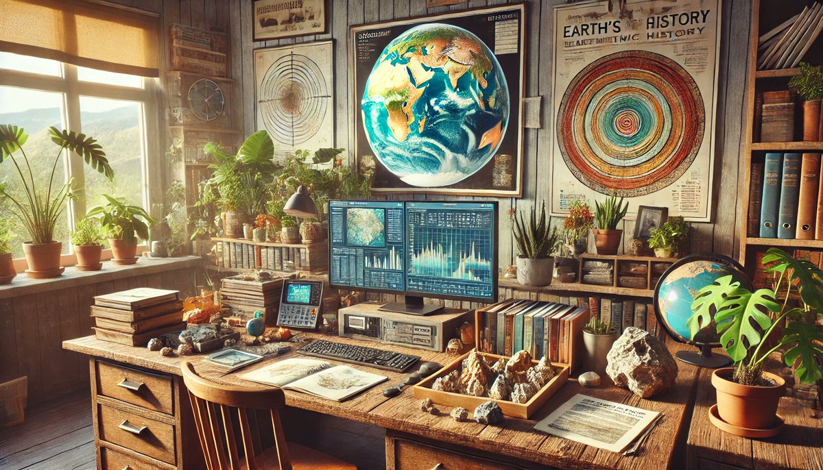 Ik heb AI gevraagd om mijn werkplek te tekenen. Wauw! zo'n kantoor wil ik wel hebben. Wat denken jullie dat de grootste fout is die AI gemaakt heeft in mijn geologenkantoor?