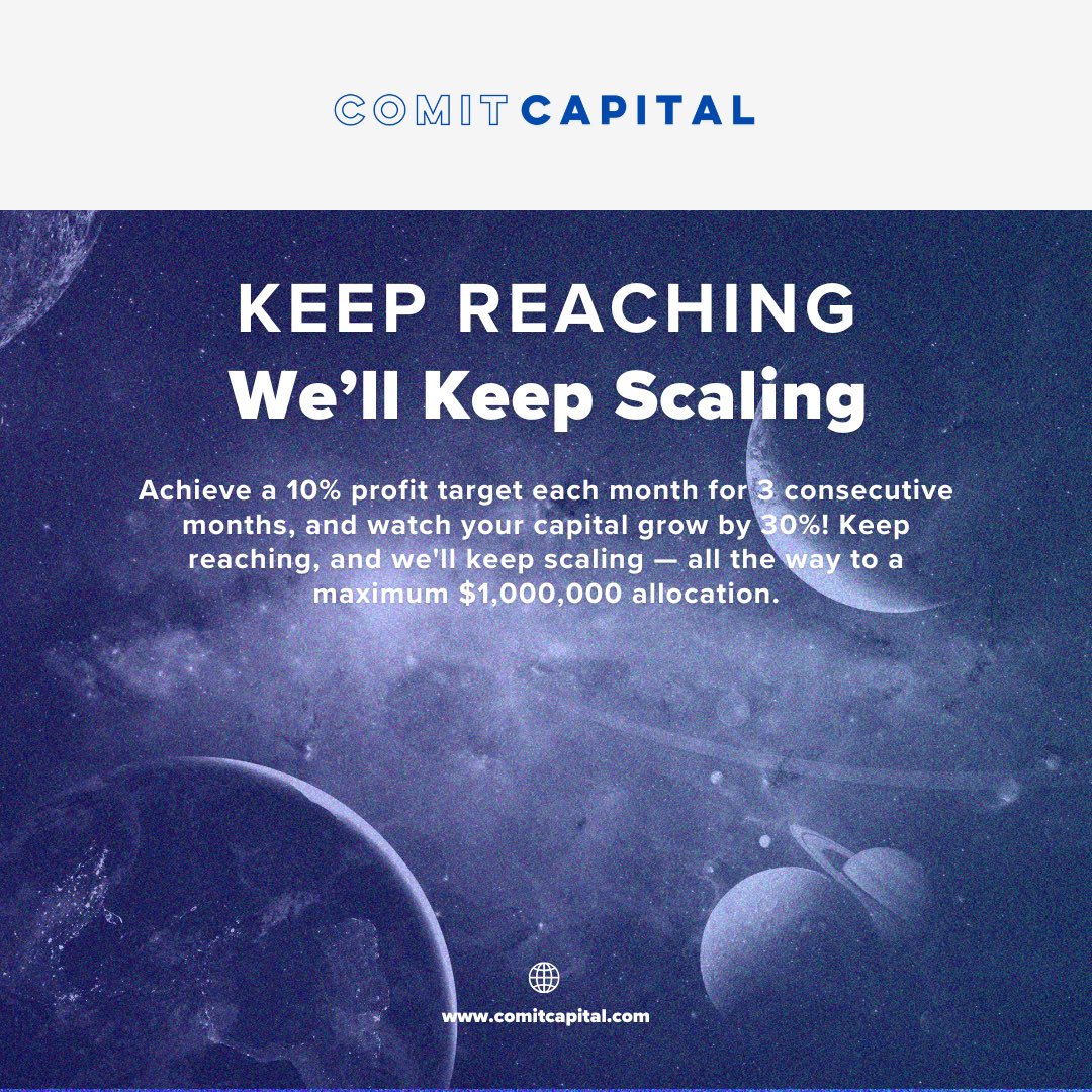 comitcapital's tweet image. With Comit Capital, hit a 10% monthly profit target for 3 consecutive months and boost your capital by 30%, all the way up to $1,000,000. Are you ready to grow your trading game? 🌟

#ComitCapital #ScaleWithComit #TradingPotential #ConsistentGrowth