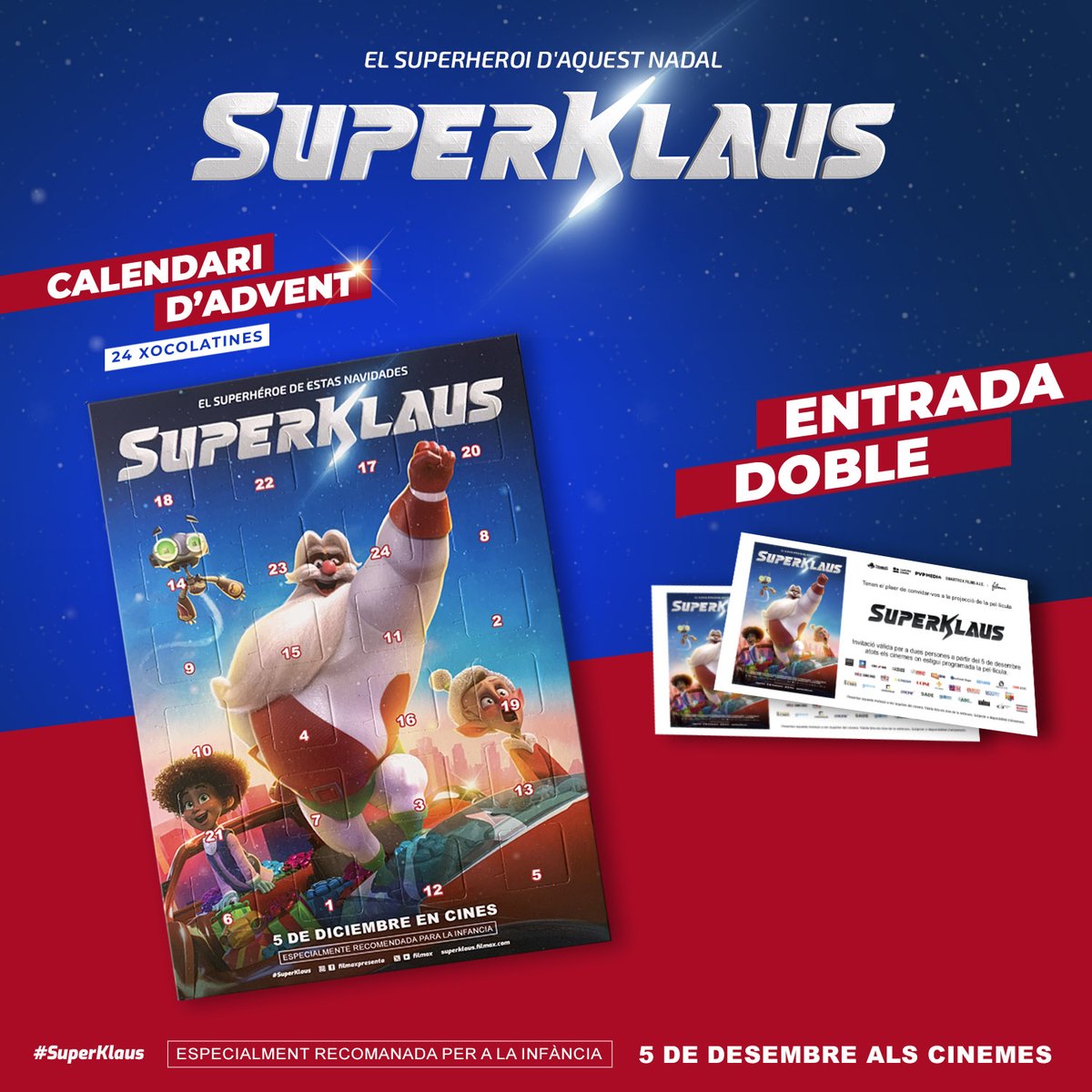 🎄 SORTEIG | Arriba als cinemes la pel·lícula d'animació nadalenca #SuperKlaus... i fins al 8 de desembre sortegem 3 lots amb una entrada doble i un calendari d'advent amb 24 xocolatines per lot! 🍫

👉🏼 Per participar-hi, segueix <a href="/filmax/">Filmax</a> i <a href="/llenguacat/">Plataforma per la Llengua 📢</a>, fes RT... i sort! 🍀