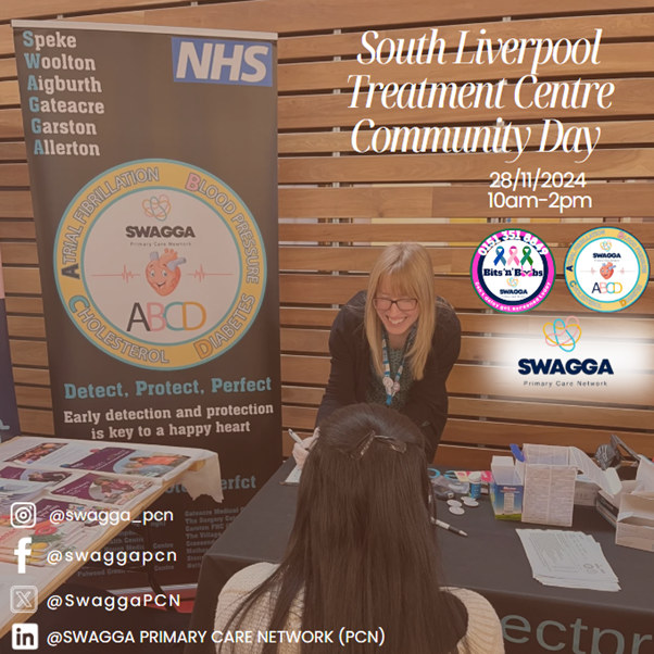 SwaggaPcn's tweet photo. Successful few hours on Thursday at the South Liverpool Treatment Centre! Many patients had the opportunity to speak to our social prescribers, cancer care coordinators or receive a free health check from our pharmacy team. Next event is on the 5th December at St Peter's,Woolton https://t.co/fnBkMlygai